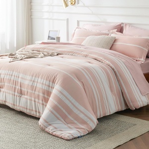 Bedsure Queen Comforter Set 7 Pieces, Grey Striped Bedding Set for All Seasons, Reversible, Cationic Dyeing Bed in a Bag with Comforter, Sheets, Pillowcases & Shams(15 – Light Pink)
