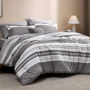 Bedsure Queen Comforter Set 7 Pieces, Grey Striped Bedding Set for All Seasons, Reversible, Cationic Dyeing Bed in a Bag with Comforter, Sheets, Pillowcases & Shams(20 – Frost Grey)