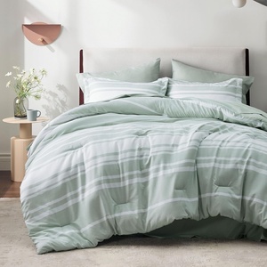Bedsure Queen Comforter Set 7 Pieces, Grey Striped Bedding Set for All Seasons, Reversible, Cationic Dyeing Bed in a Bag with Comforter, Sheets, Pillowcases & Shams(03 – Sage Green)