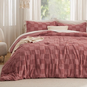 Bedsure Queen Size Comforter Set Beige, Boho Tufted Bed Set, Checkered Farmhouse-Style Distressed Vintage Bedding, 3 Pieces, 1 Plaid Geometric Comforter and 2 Pillow Shams(05 – Grayish Pink – Tufted Checkboard)