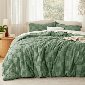 Bedsure Queen Size Comforter Set Beige, Boho Tufted Bed Set, Checkered Farmhouse-Style Distressed Vintage Bedding, 3 Pieces, 1 Plaid Geometric Comforter and 2 Pillow Shams(02 – Green – Tufted Checkboard)