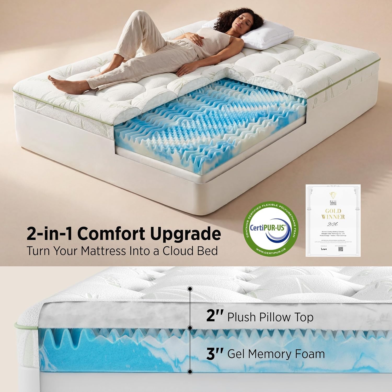 image:imageBedsure 2in1 Mattress Topper 5 Inch Memory Foam Mattress Topper Queen 3 Inch Memory Foam 2 Inch Viscose Made from Bamboo Mattress Topper Pad Cover Flippable Memory Foam with Dual Comfort WhiteWhite