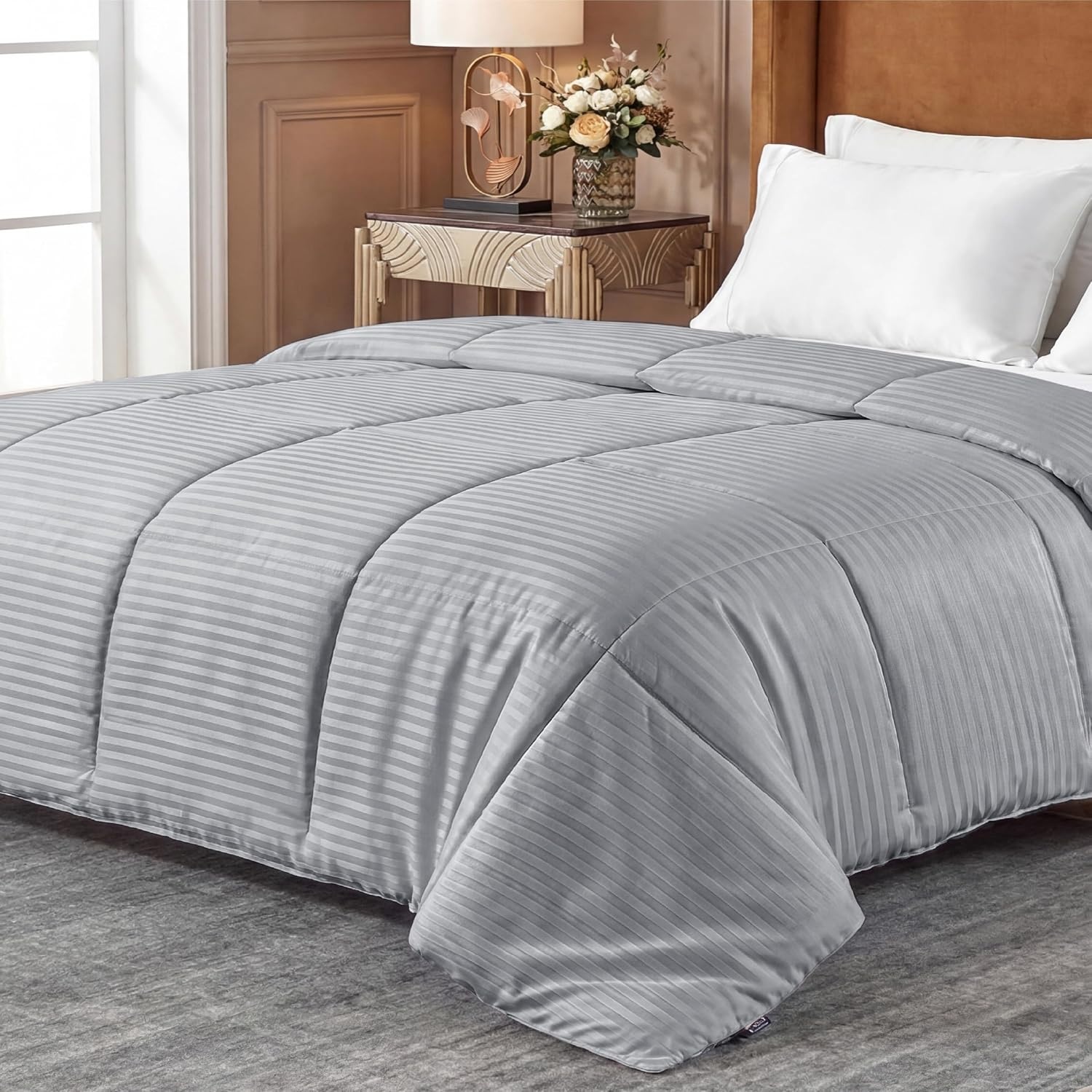 image:imageBedsure Duvet Insert Queen Size Lightweight Comforter Quilted Cooling Duvet Insert Down Alternative Summer Comforter with 8 Tabs Ultra Soft Striped Machine Washable Queen White 88x88 inchesLight Grey