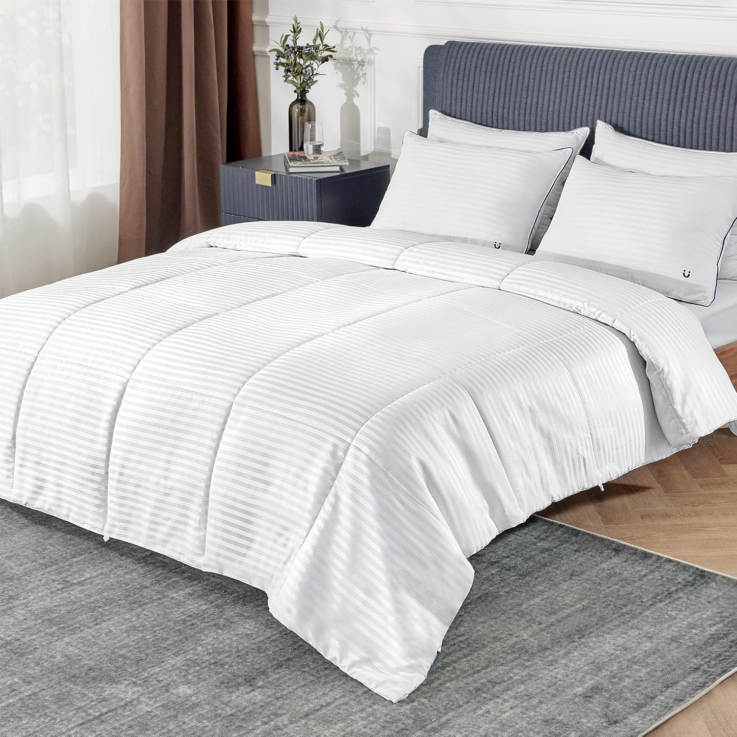 image:imageBedsure Duvet Insert Queen Size Lightweight Comforter Quilted Cooling Duvet Insert Down Alternative Summer Comforter with 8 Tabs Ultra Soft Striped Machine Washable Queen White 88x88 inchesWhite