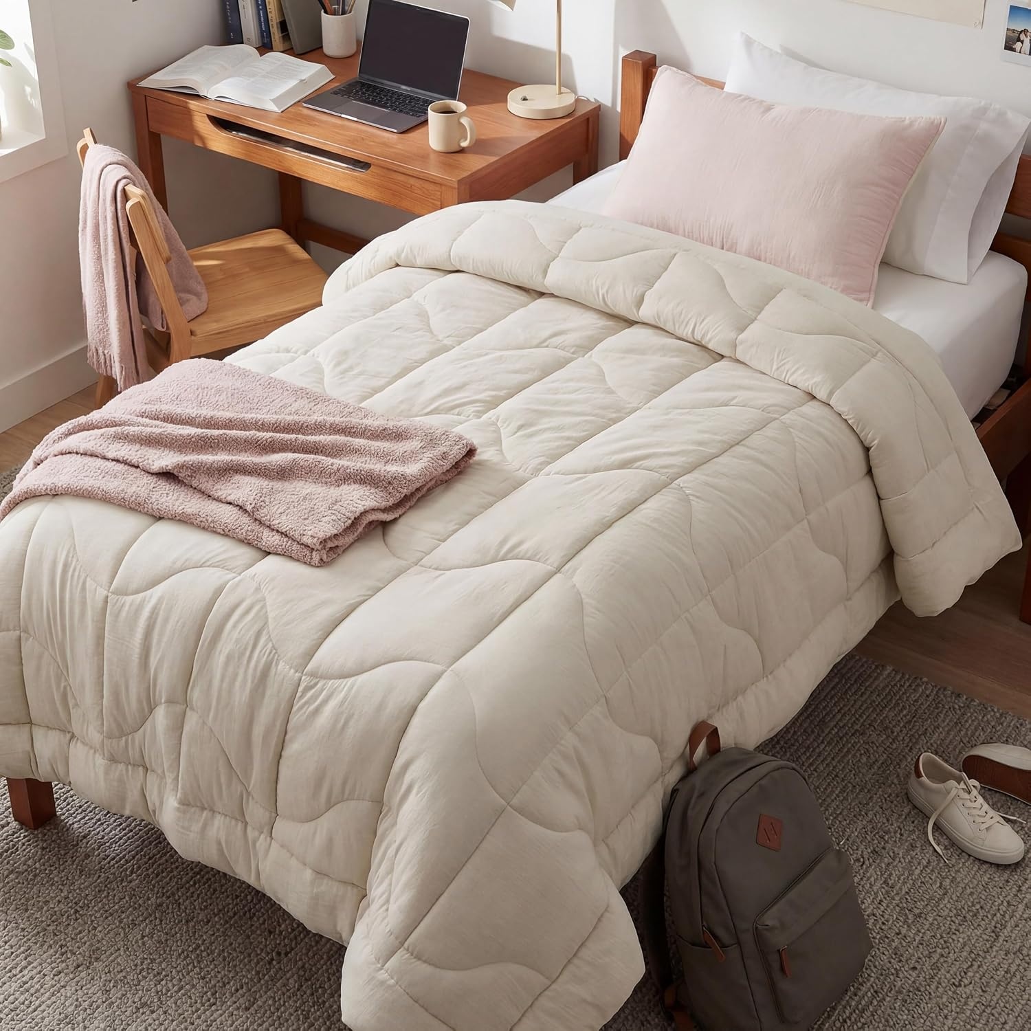 image:imageBedsure Queen Comforter Comforters Queen Size for All Season UltraSoft Down Alternative amp Prewashed Duvet Insert with 4 Tabs Machine Washable White 88x88 InchesCream