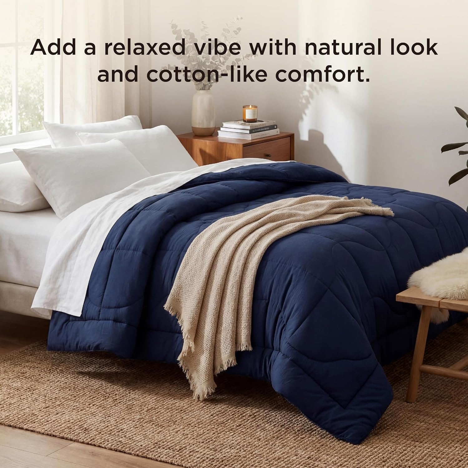 image:imageBedsure Queen Comforter Comforters Queen Size for All Season UltraSoft Down Alternative amp Prewashed Duvet Insert with 4 Tabs Machine Washable White 88x88 InchesNavy