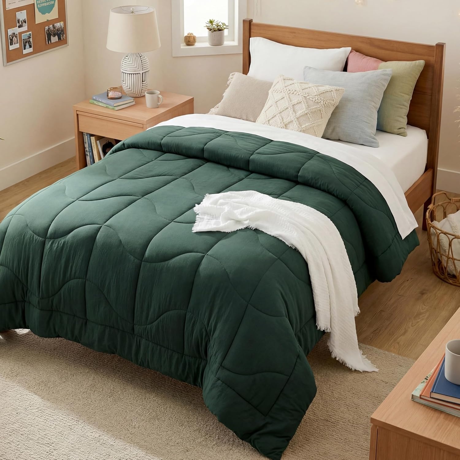 image:imageBedsure Queen Comforter Comforters Queen Size for All Season UltraSoft Down Alternative amp Prewashed Duvet Insert with 4 Tabs Machine Washable White 88x88 InchesDark Green