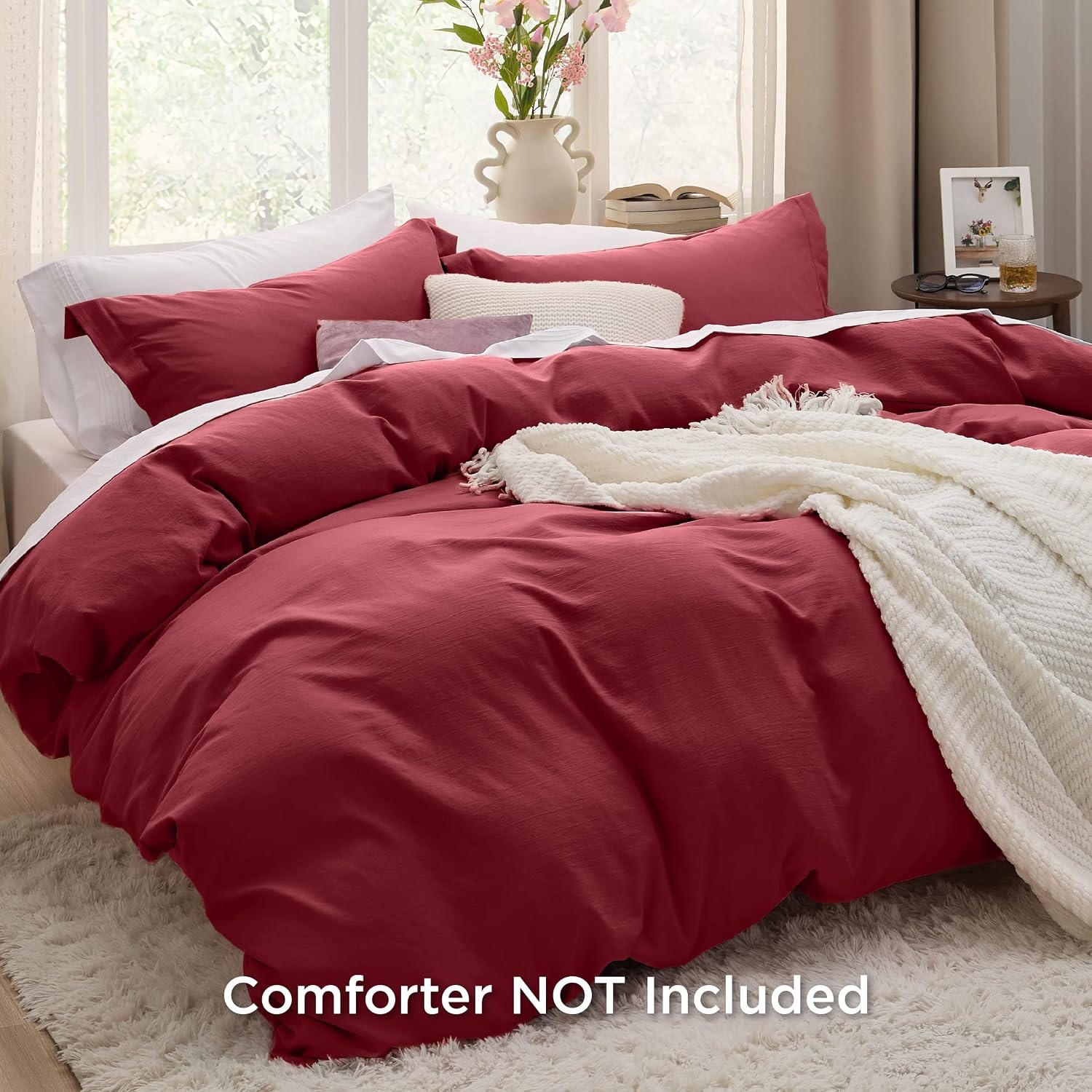 image:imageBedsure White Duvet Cover Queen Size 3 Pieces Prewashed CottonLike Polyester Extra Soft Bedding Set Includes 1 Duvet Cover 90x90 Inches with Zipper Closure amp 2 Pillow Shams Comforter Not Included22 Red No Comforter