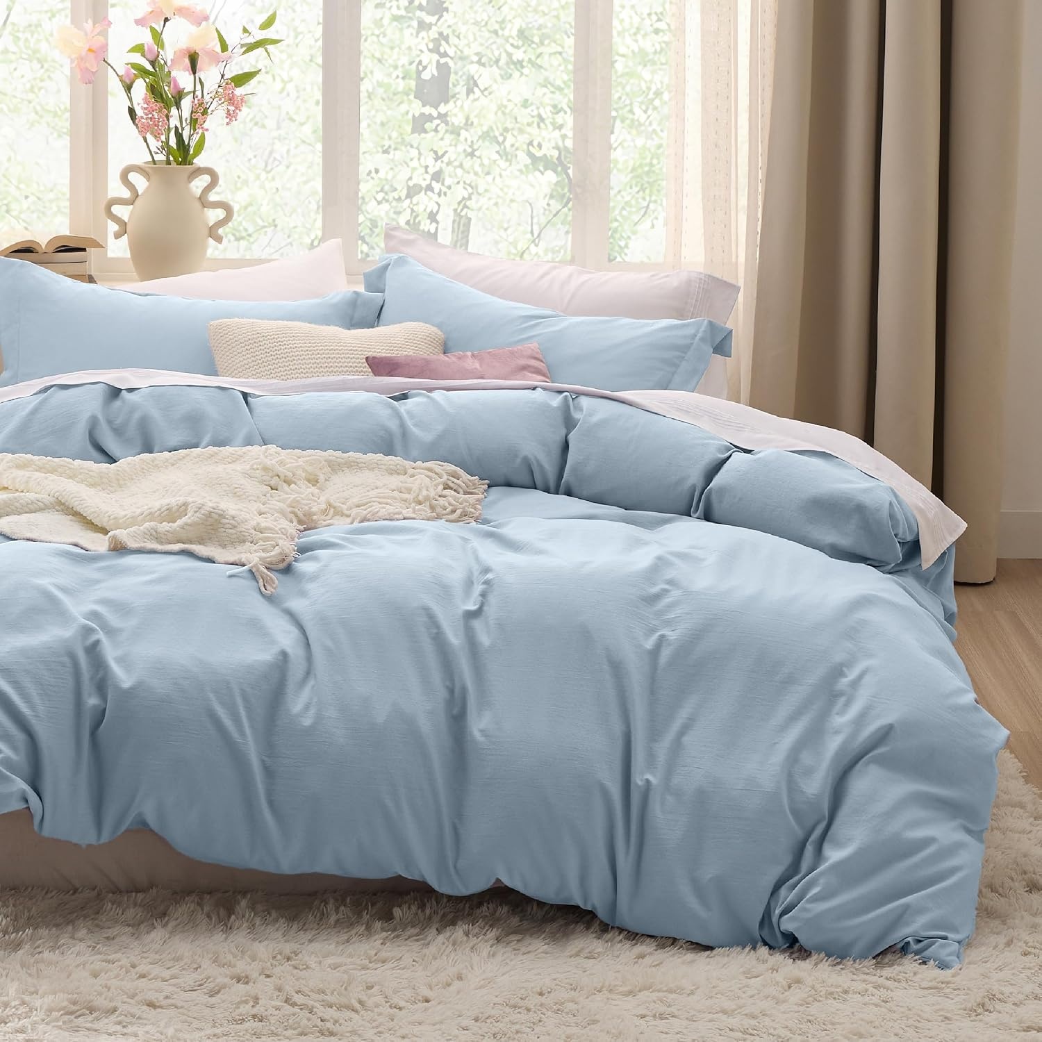 image:imageBedsure White Duvet Cover Queen Size 3 Pieces Prewashed CottonLike Polyester Extra Soft Bedding Set Includes 1 Duvet Cover 90x90 Inches with Zipper Closure amp 2 Pillow Shams Comforter Not Included05 Celestial Blue No Comforter