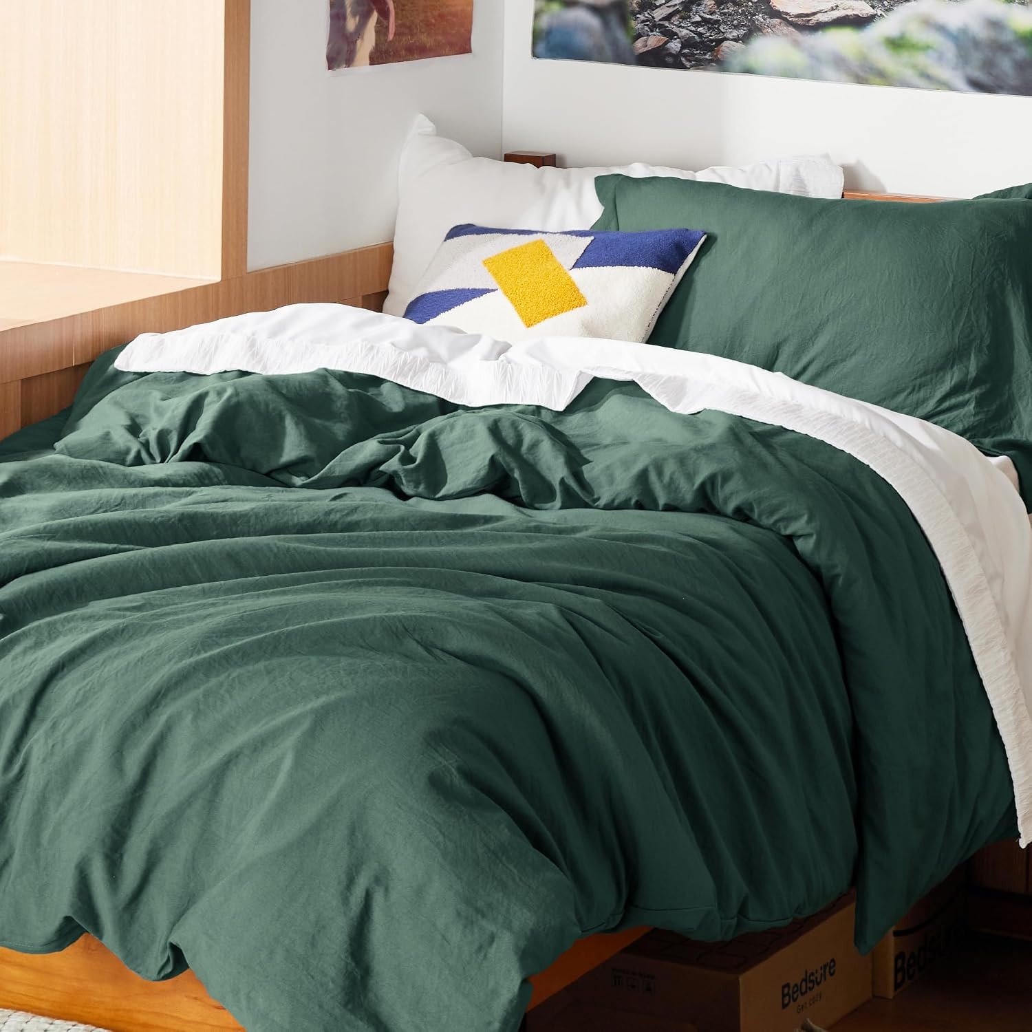 image:imageBedsure White Duvet Cover Queen Size 3 Pieces Prewashed CottonLike Polyester Extra Soft Bedding Set Includes 1 Duvet Cover 90x90 Inches with Zipper Closure amp 2 Pillow Shams Comforter Not Included01 Forest Green No Comforter