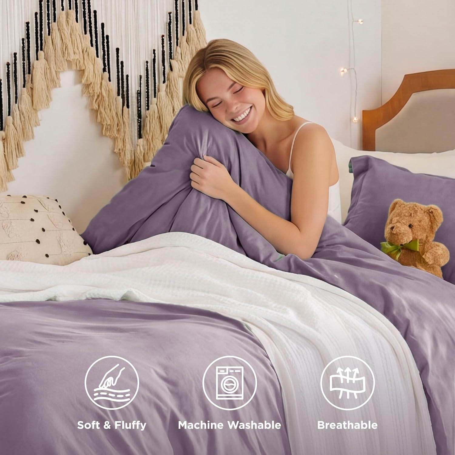 image:imageBedsure White Duvet Cover Queen Size 3 Pieces Prewashed CottonLike Polyester Extra Soft Bedding Set Includes 1 Duvet Cover 90x90 Inches with Zipper Closure amp 2 Pillow Shams Comforter Not Included06 Dusty Purple No Comforter