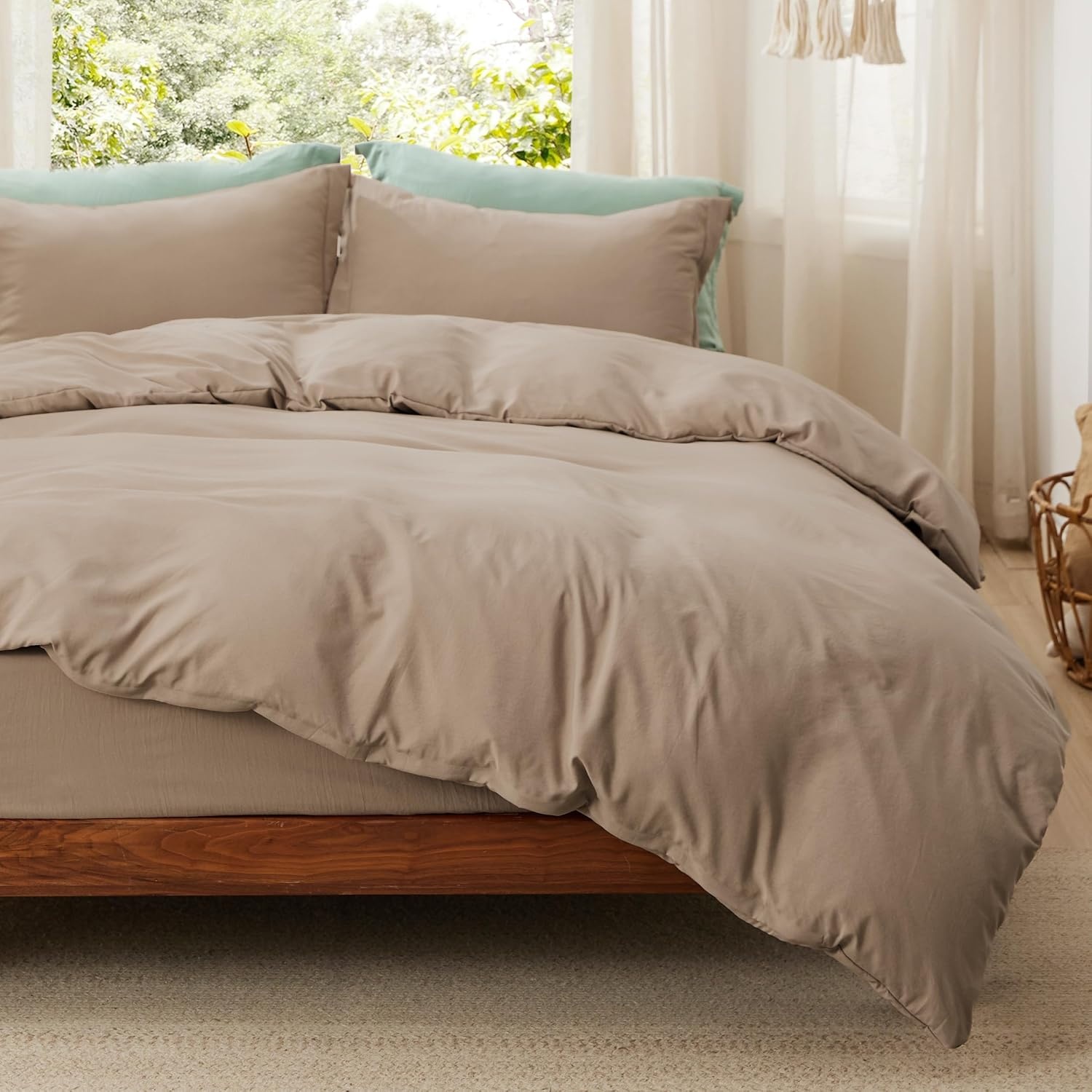 image:imageBedsure White Duvet Cover Queen Size 3 Pieces Prewashed CottonLike Polyester Extra Soft Bedding Set Includes 1 Duvet Cover 90x90 Inches with Zipper Closure amp 2 Pillow Shams Comforter Not Included02 Light Brown No Comforter