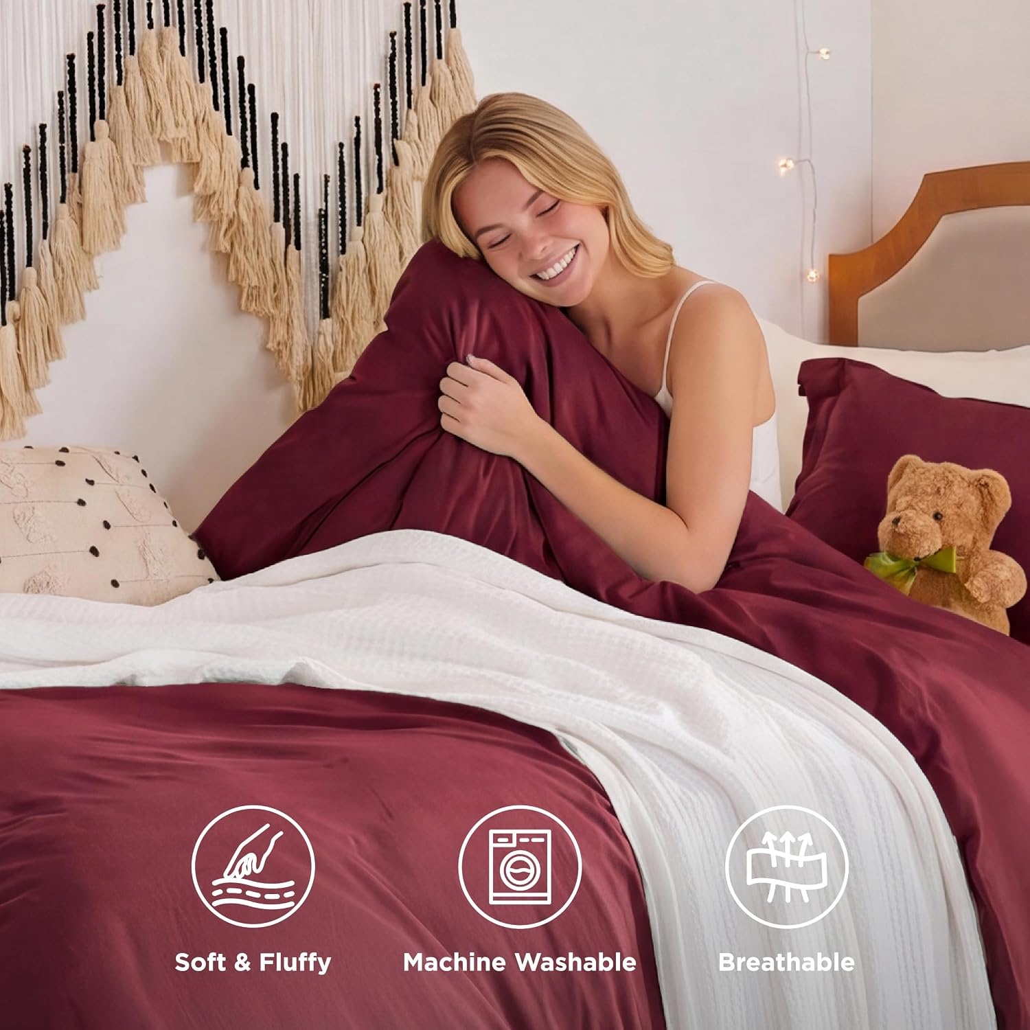 image:imageBedsure White Duvet Cover Queen Size 3 Pieces Prewashed CottonLike Polyester Extra Soft Bedding Set Includes 1 Duvet Cover 90x90 Inches with Zipper Closure amp 2 Pillow Shams Comforter Not Included10 Burgundy No Comforter