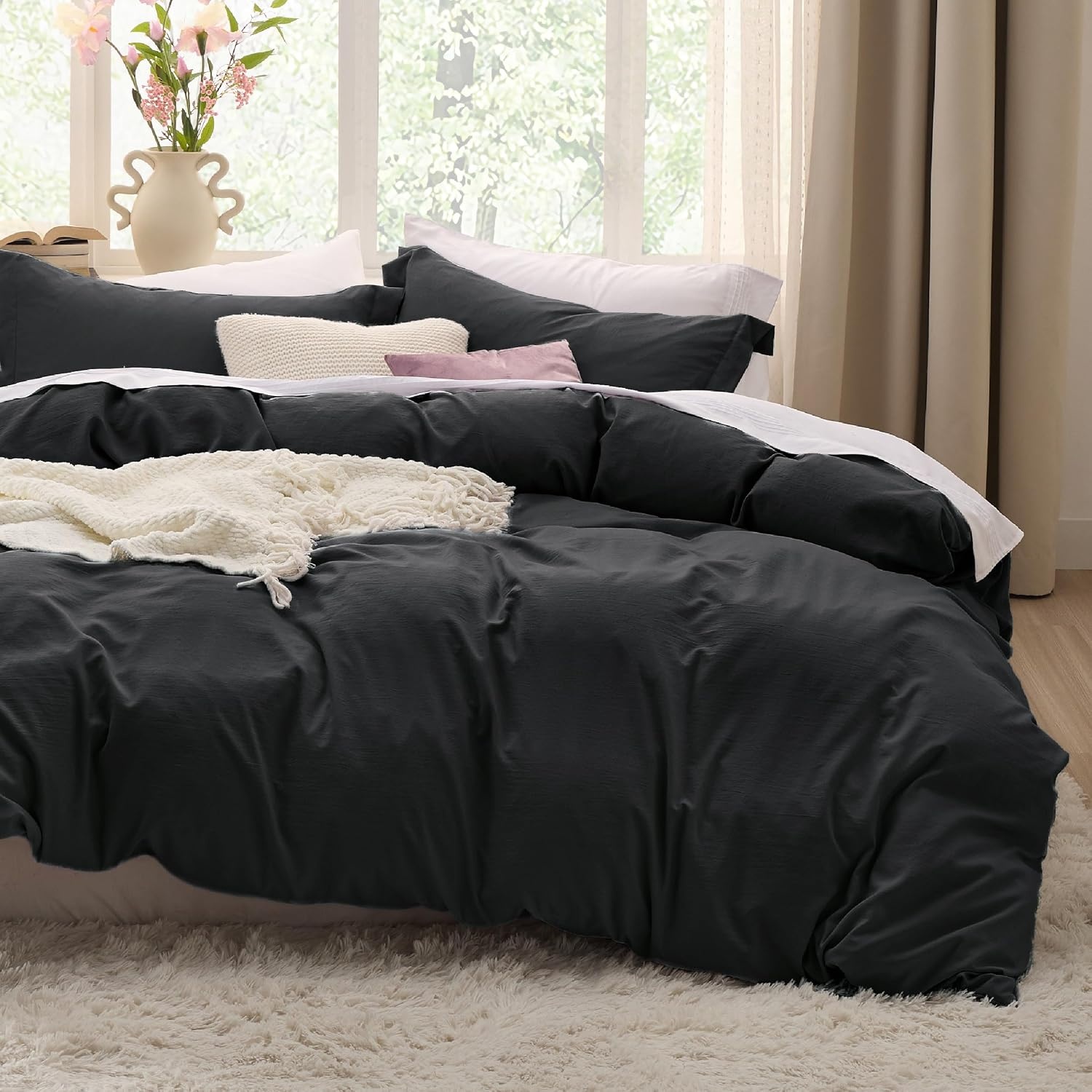 image:imageBedsure White Duvet Cover Queen Size 3 Pieces Prewashed CottonLike Polyester Extra Soft Bedding Set Includes 1 Duvet Cover 90x90 Inches with Zipper Closure amp 2 Pillow Shams Comforter Not Included01 Black No Comforter