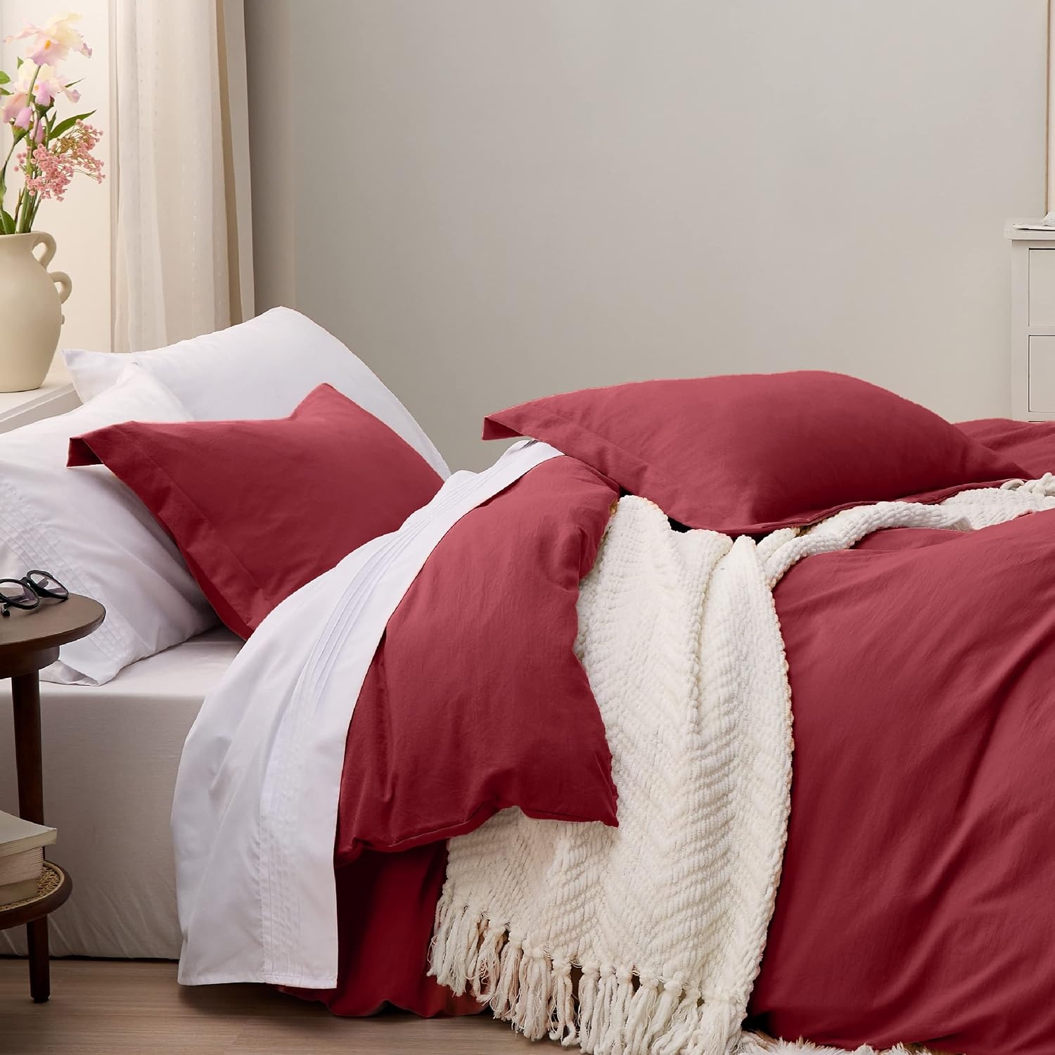 image:imageBedsure White Duvet Cover Queen Size 3 Pieces Prewashed CottonLike Polyester Extra Soft Bedding Set Includes 1 Duvet Cover 90x90 Inches with Zipper Closure amp 2 Pillow Shams Comforter Not Included22 Red No Comforter