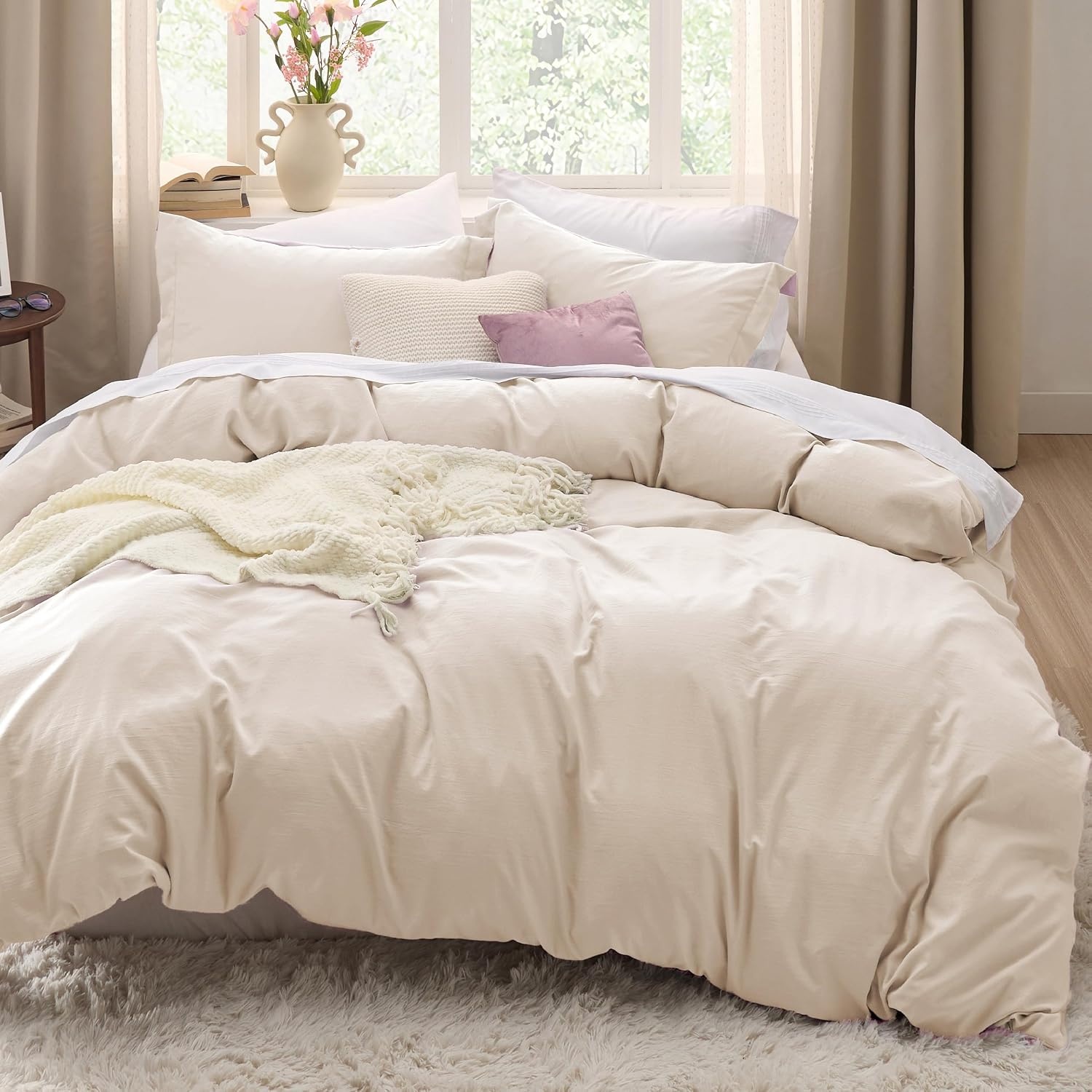 image:imageBedsure White Duvet Cover Queen Size 3 Pieces Prewashed CottonLike Polyester Extra Soft Bedding Set Includes 1 Duvet Cover 90x90 Inches with Zipper Closure amp 2 Pillow Shams Comforter Not Included02 Cream No Comforter