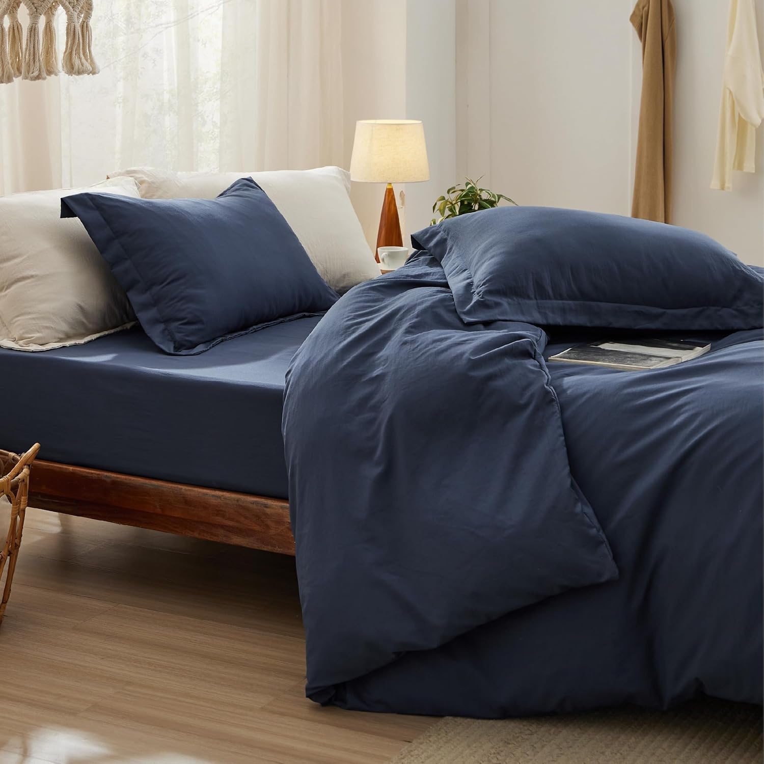 image:imageBedsure White Duvet Cover Queen Size 3 Pieces Prewashed CottonLike Polyester Extra Soft Bedding Set Includes 1 Duvet Cover 90x90 Inches with Zipper Closure amp 2 Pillow Shams Comforter Not Included05 Navy No Comforter