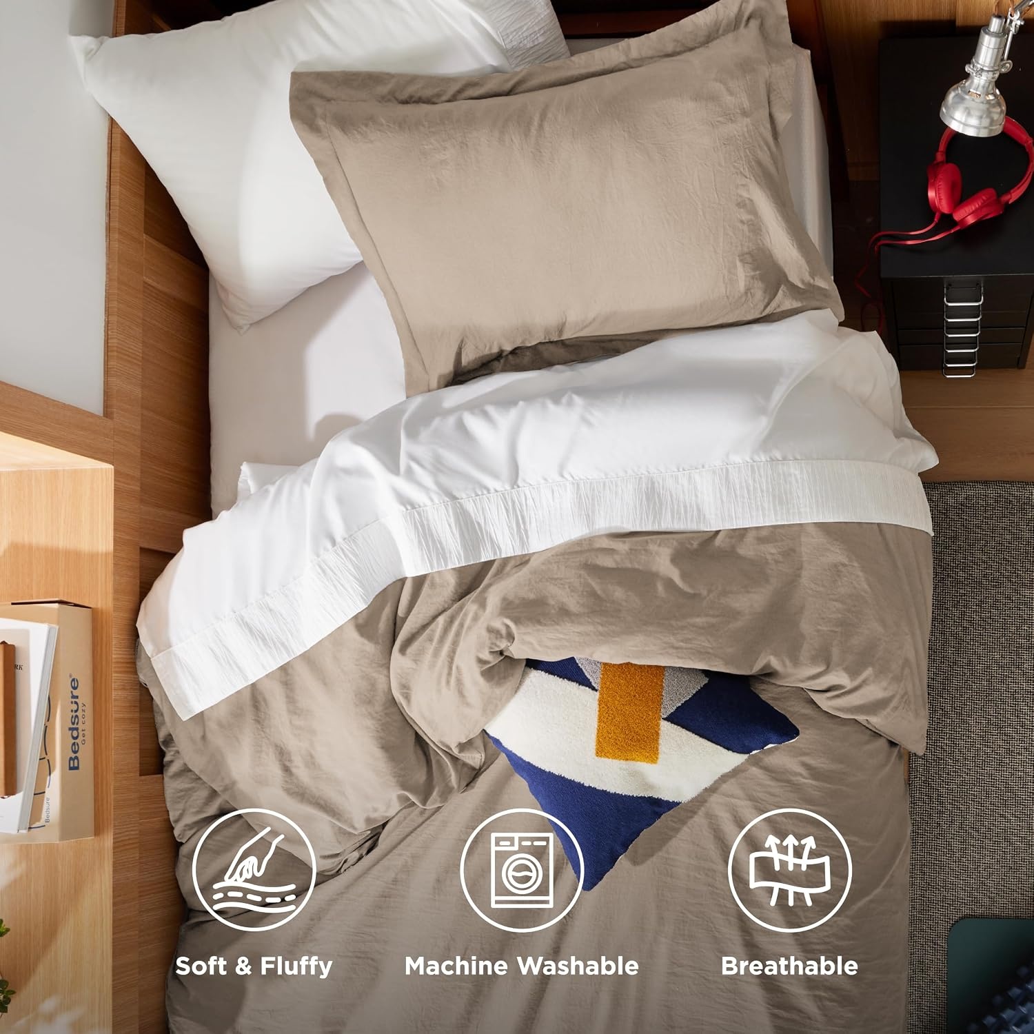 image:imageBedsure White Duvet Cover Queen Size 3 Pieces Prewashed CottonLike Polyester Extra Soft Bedding Set Includes 1 Duvet Cover 90x90 Inches with Zipper Closure amp 2 Pillow Shams Comforter Not Included02 Light Brown No Comforter