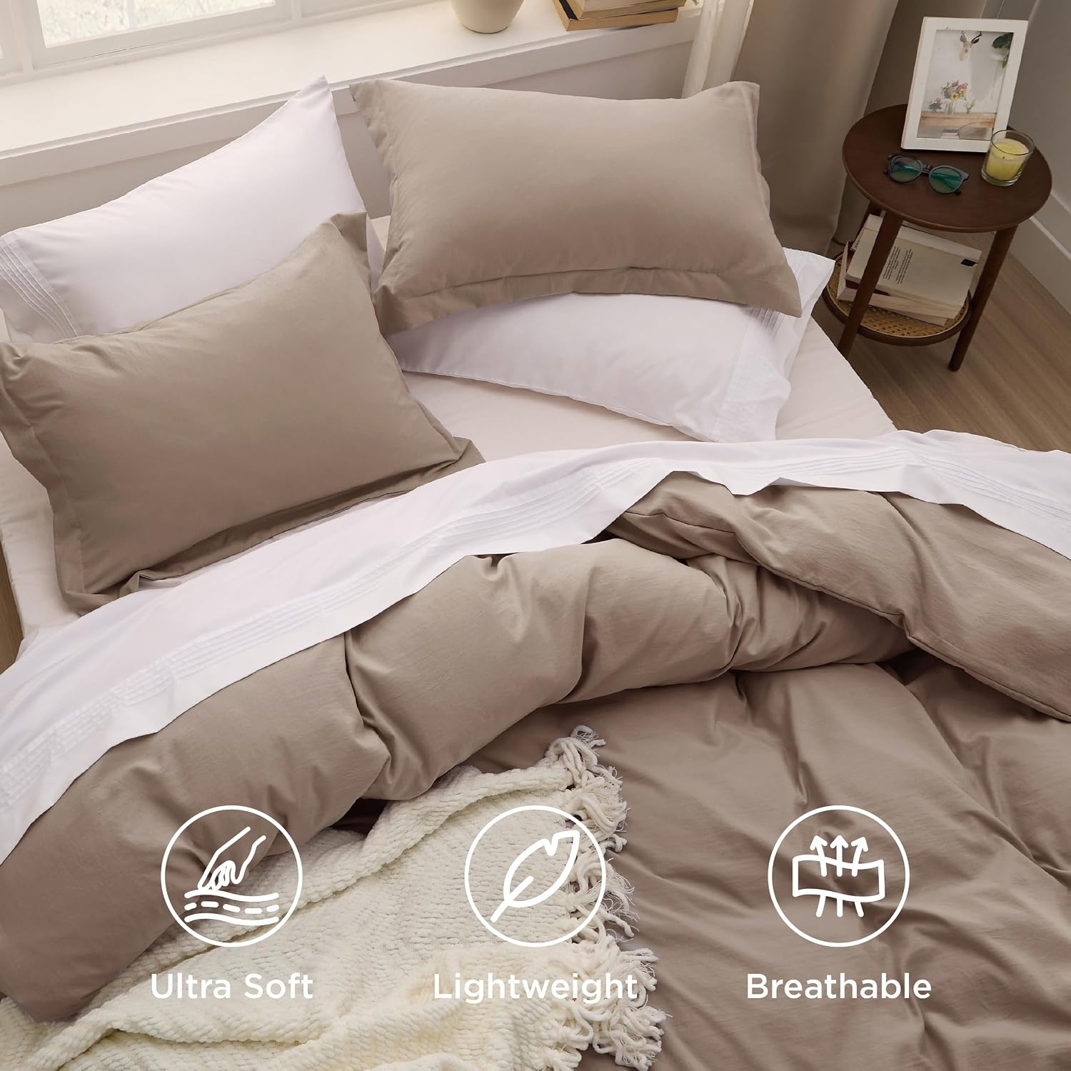image:imageBedsure White Duvet Cover Queen Size 3 Pieces Prewashed CottonLike Polyester Extra Soft Bedding Set Includes 1 Duvet Cover 90x90 Inches with Zipper Closure amp 2 Pillow Shams Comforter Not Included02 Khaki No Comforter