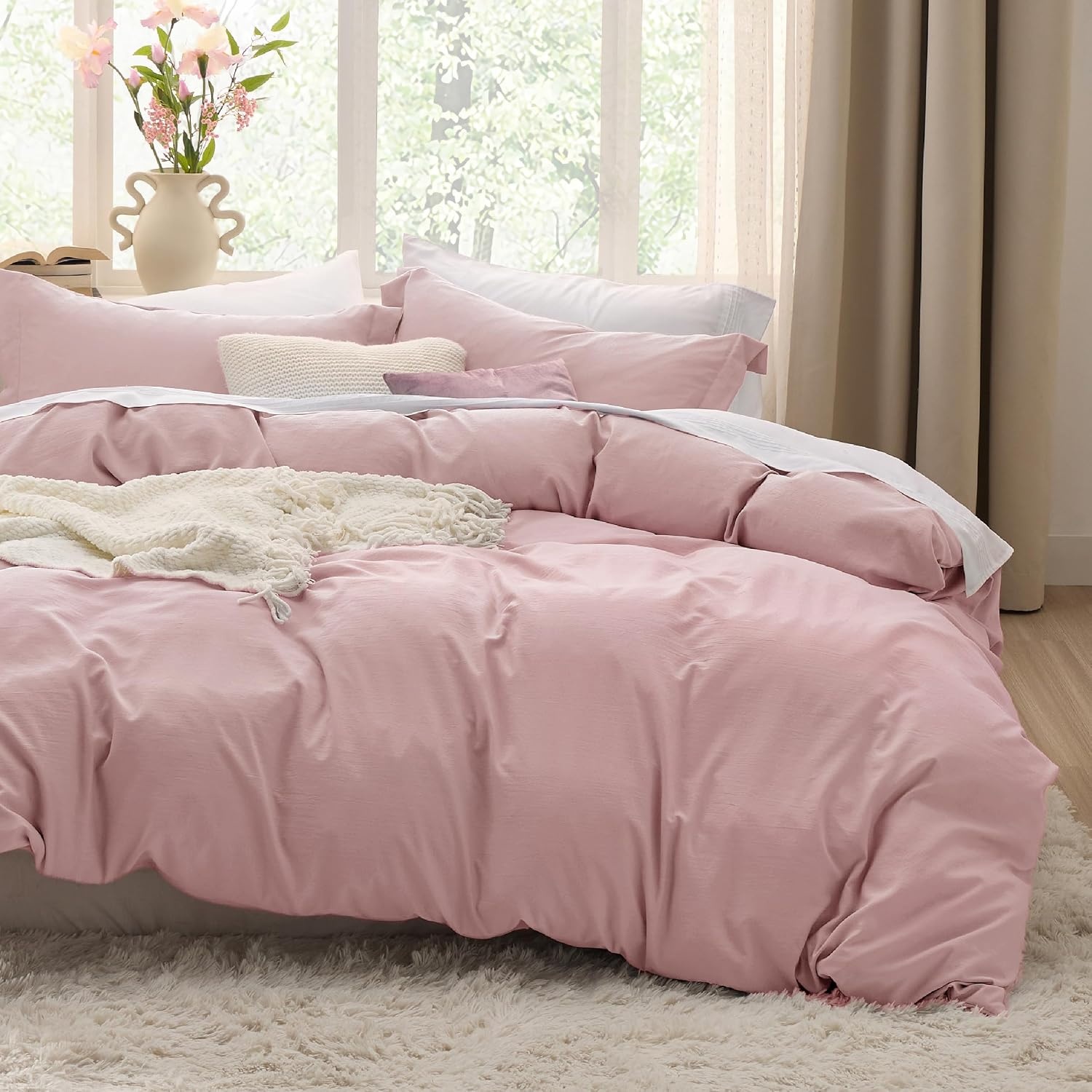 image:imageBedsure White Duvet Cover Queen Size 3 Pieces Prewashed CottonLike Polyester Extra Soft Bedding Set Includes 1 Duvet Cover 90x90 Inches with Zipper Closure amp 2 Pillow Shams Comforter Not Included09 Pink No Comforter