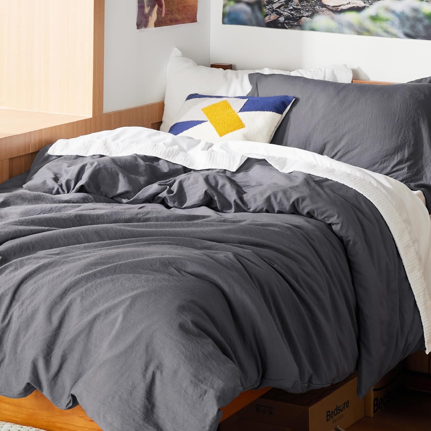 image:imageBedsure White Duvet Cover Queen Size 3 Pieces Prewashed CottonLike Polyester Extra Soft Bedding Set Includes 1 Duvet Cover 90x90 Inches with Zipper Closure amp 2 Pillow Shams Comforter Not Included04 Dark Grey No Comforter