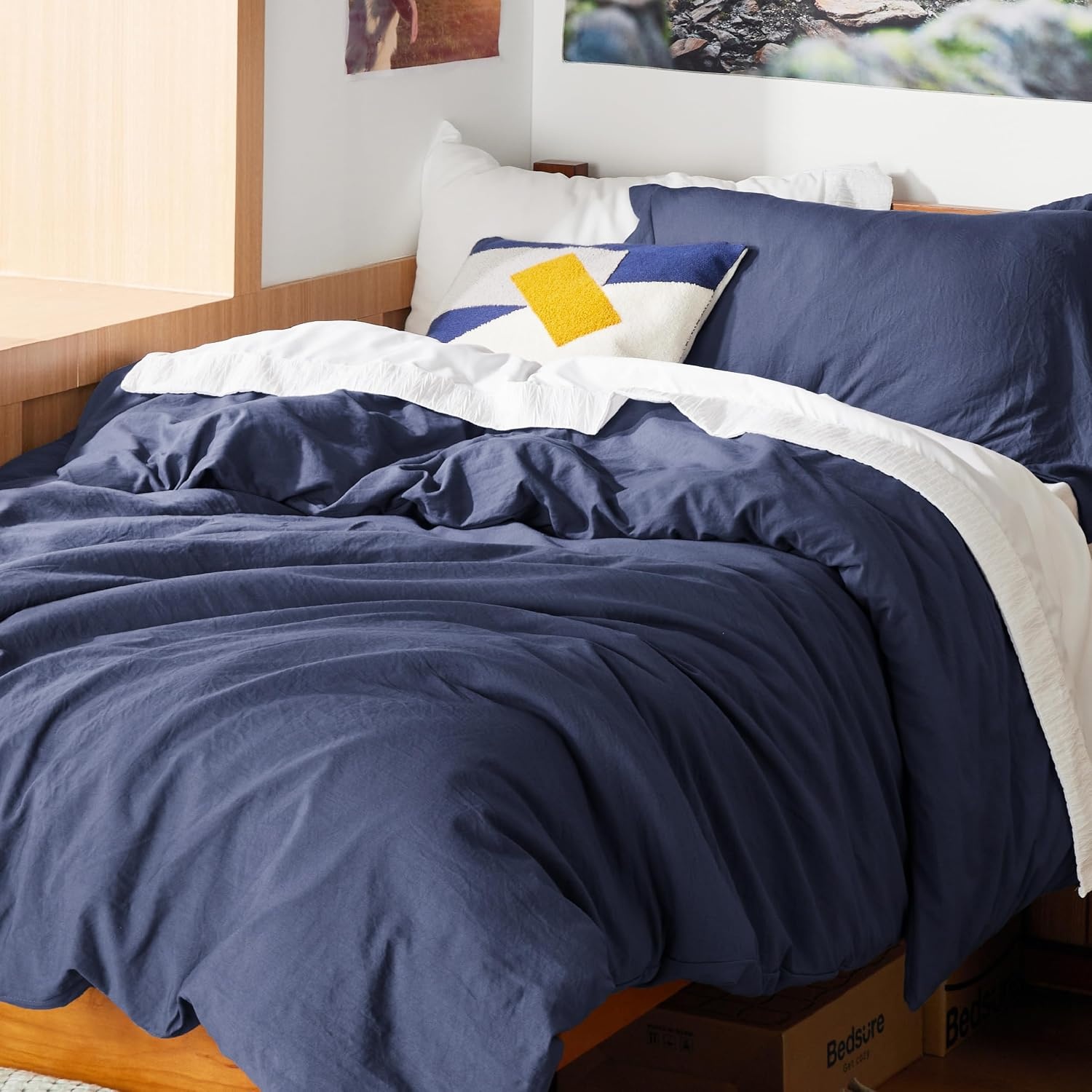 image:imageBedsure White Duvet Cover Queen Size 3 Pieces Prewashed CottonLike Polyester Extra Soft Bedding Set Includes 1 Duvet Cover 90x90 Inches with Zipper Closure amp 2 Pillow Shams Comforter Not Included05 Navy No Comforter
