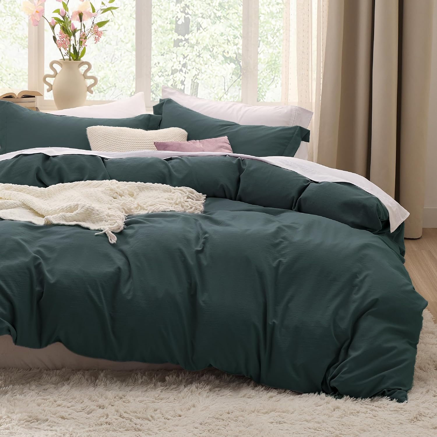 image:imageBedsure White Duvet Cover Queen Size 3 Pieces Prewashed CottonLike Polyester Extra Soft Bedding Set Includes 1 Duvet Cover 90x90 Inches with Zipper Closure amp 2 Pillow Shams Comforter Not Included01 Forest Green No Comforter