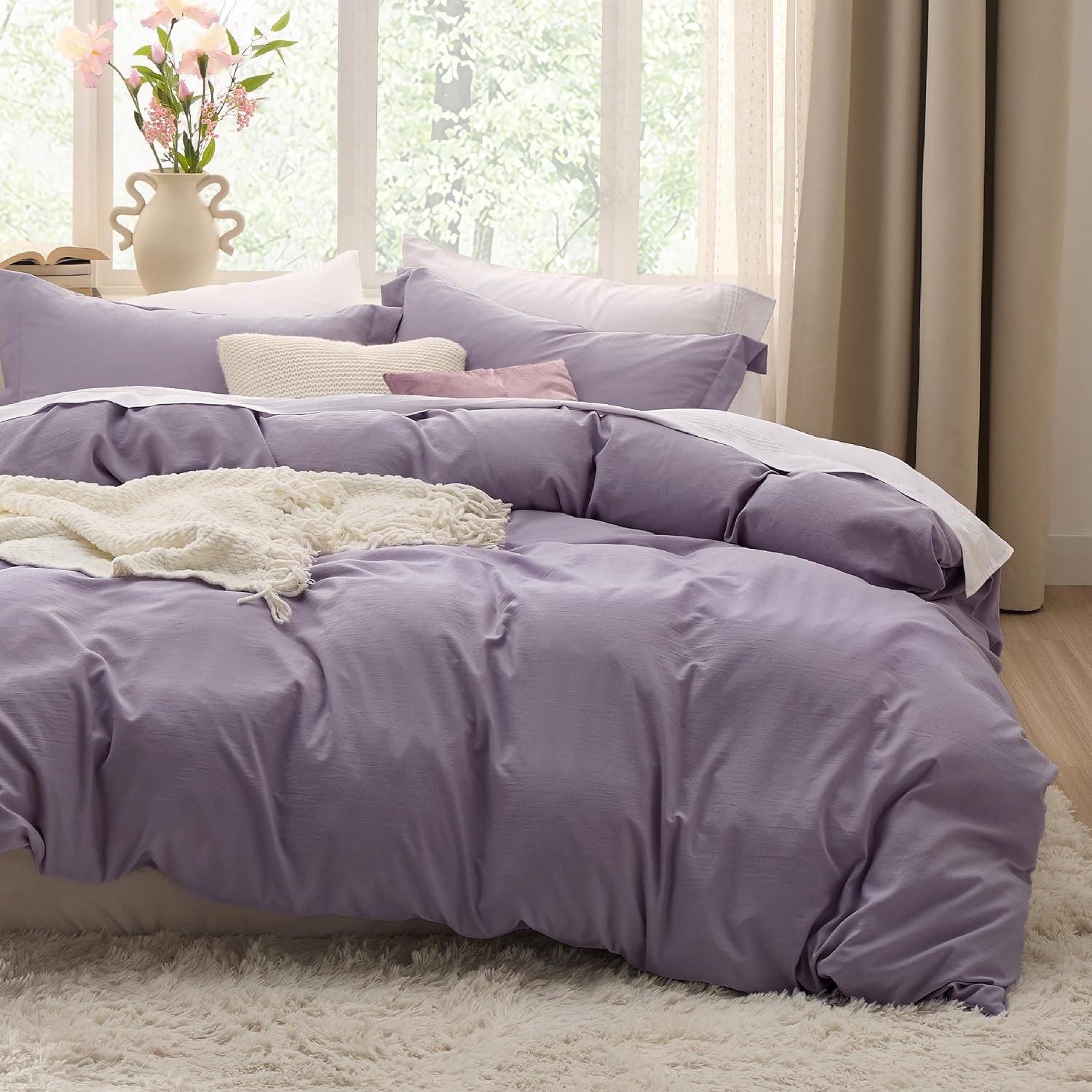 image:imageBedsure White Duvet Cover Queen Size 3 Pieces Prewashed CottonLike Polyester Extra Soft Bedding Set Includes 1 Duvet Cover 90x90 Inches with Zipper Closure amp 2 Pillow Shams Comforter Not Included06 Dusty Purple No Comforter