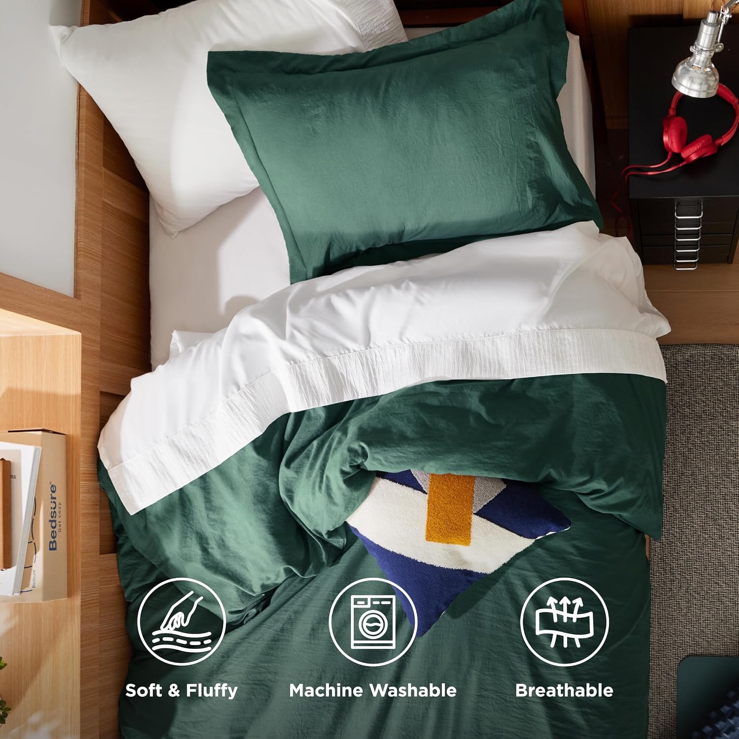image:imageBedsure White Duvet Cover Queen Size 3 Pieces Prewashed CottonLike Polyester Extra Soft Bedding Set Includes 1 Duvet Cover 90x90 Inches with Zipper Closure amp 2 Pillow Shams Comforter Not Included01 Forest Green No Comforter