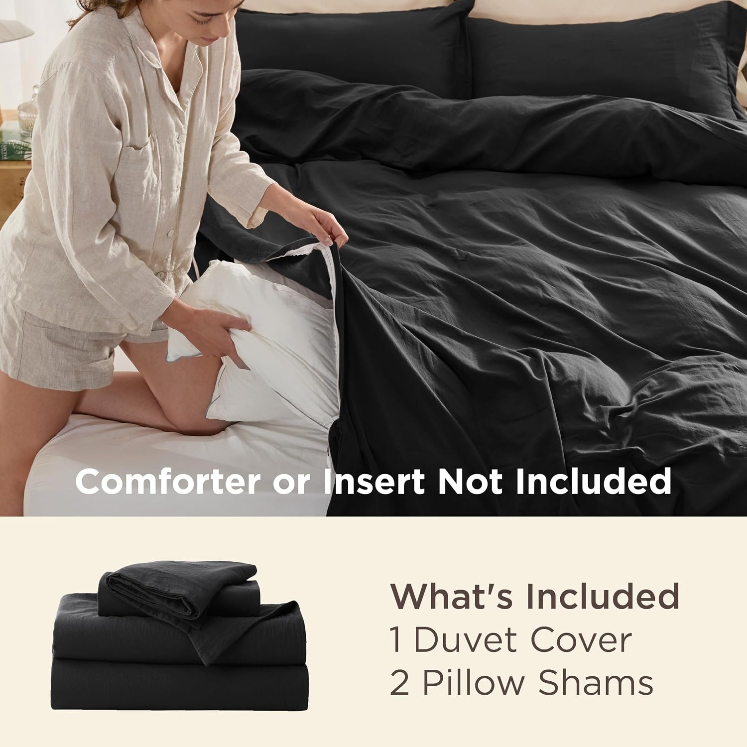 image:imageBedsure White Duvet Cover Queen Size 3 Pieces Prewashed CottonLike Polyester Extra Soft Bedding Set Includes 1 Duvet Cover 90x90 Inches with Zipper Closure amp 2 Pillow Shams Comforter Not Included01 Black No Comforter