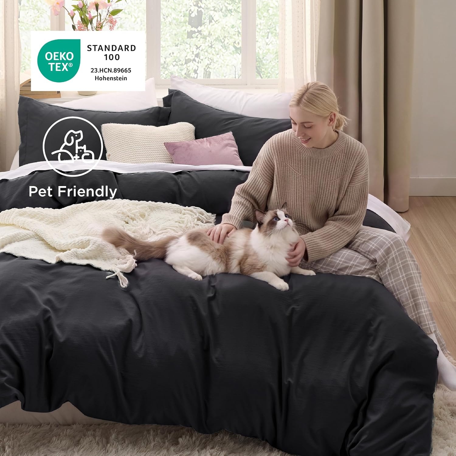 image:imageBedsure White Duvet Cover Queen Size 3 Pieces Prewashed CottonLike Polyester Extra Soft Bedding Set Includes 1 Duvet Cover 90x90 Inches with Zipper Closure amp 2 Pillow Shams Comforter Not Included01 Black No Comforter