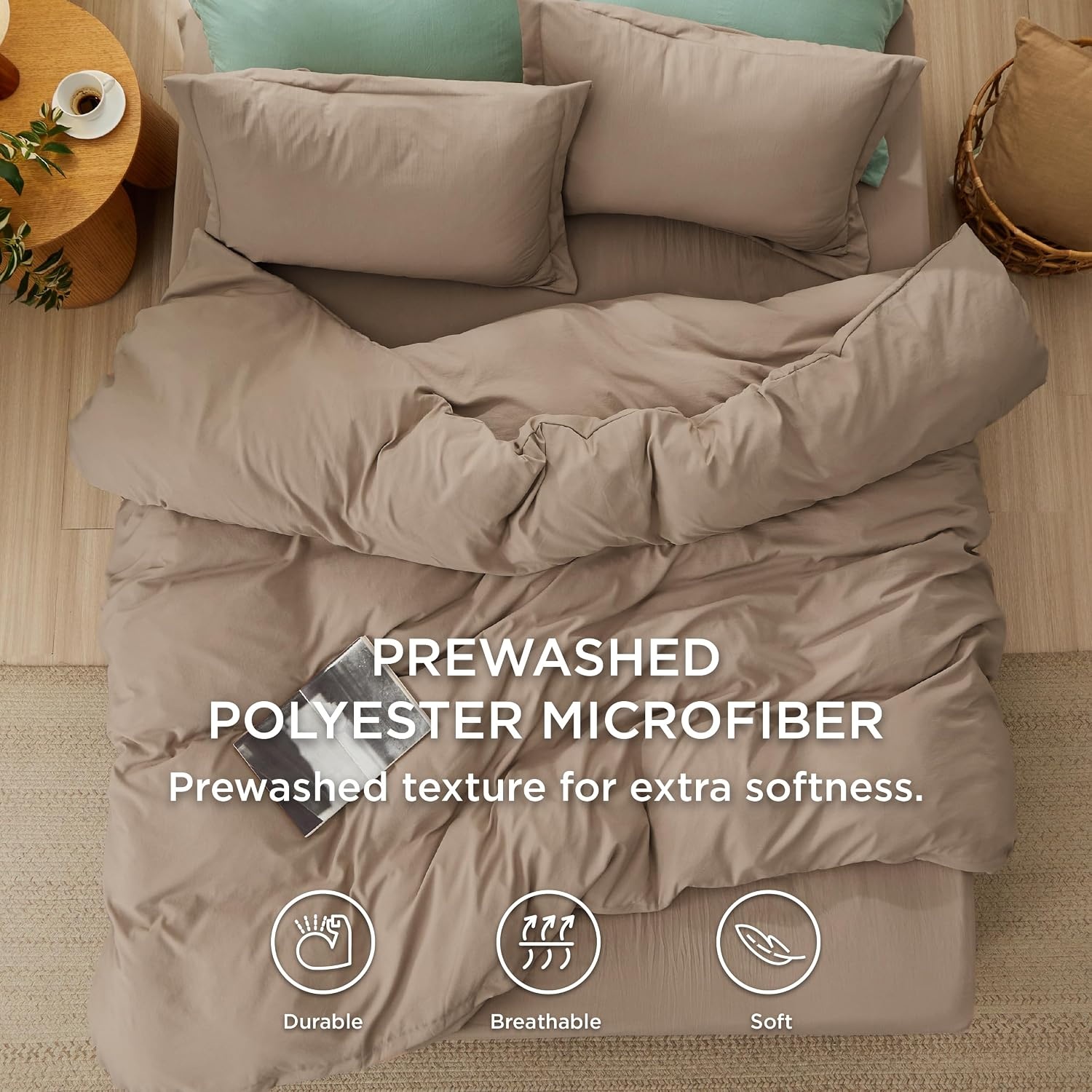 image:imageBedsure White Duvet Cover Queen Size 3 Pieces Prewashed CottonLike Polyester Extra Soft Bedding Set Includes 1 Duvet Cover 90x90 Inches with Zipper Closure amp 2 Pillow Shams Comforter Not Included02 Light Brown No Comforter