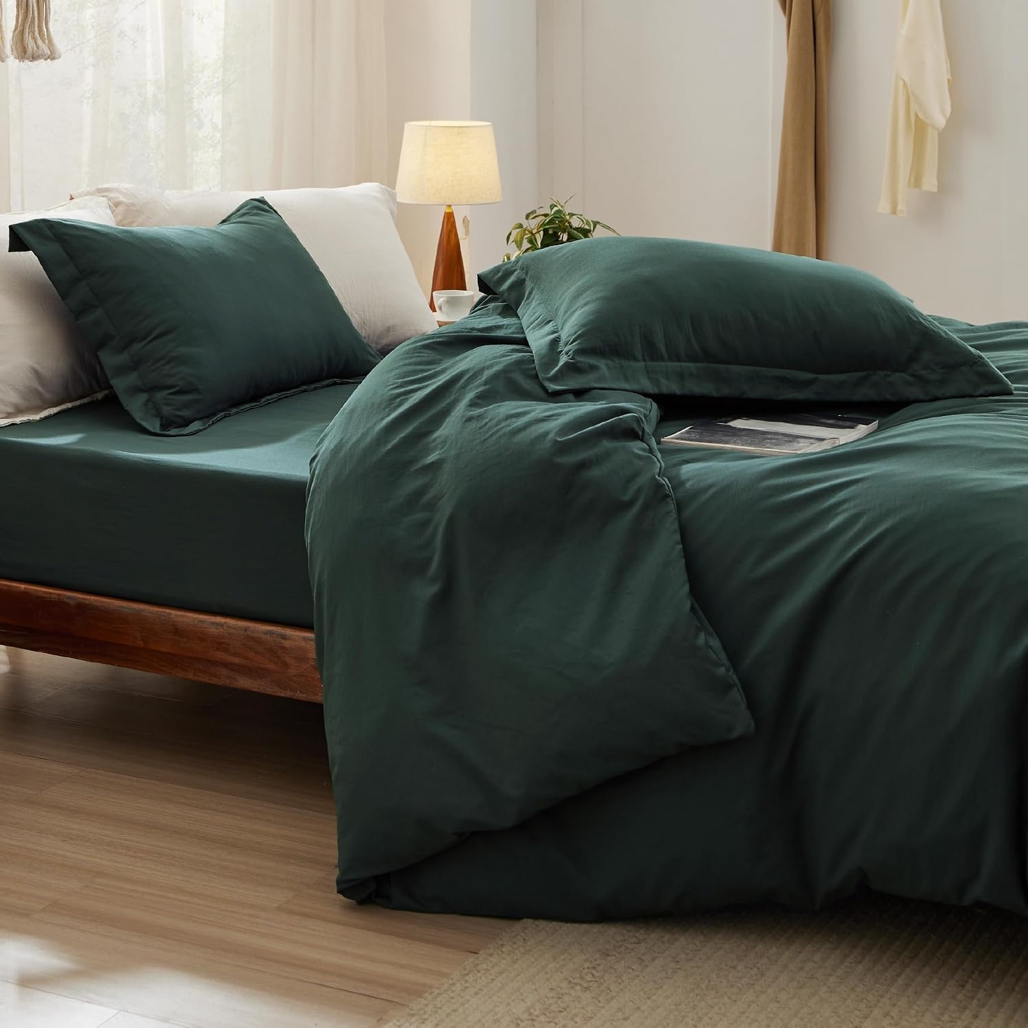 image:imageBedsure White Duvet Cover Queen Size 3 Pieces Prewashed CottonLike Polyester Extra Soft Bedding Set Includes 1 Duvet Cover 90x90 Inches with Zipper Closure amp 2 Pillow Shams Comforter Not Included01 Forest Green No Comforter