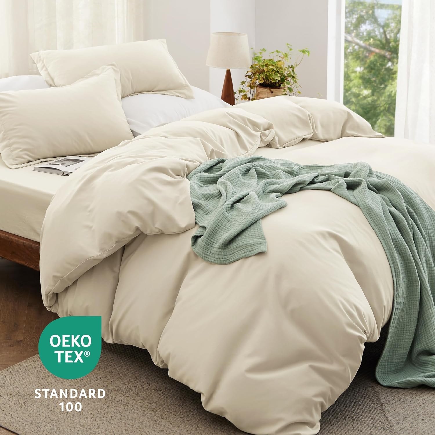 image:imageBedsure White Duvet Cover Queen Size 3 Pieces Prewashed CottonLike Polyester Extra Soft Bedding Set Includes 1 Duvet Cover 90x90 Inches with Zipper Closure amp 2 Pillow Shams Comforter Not Included02 Cream No Comforter
