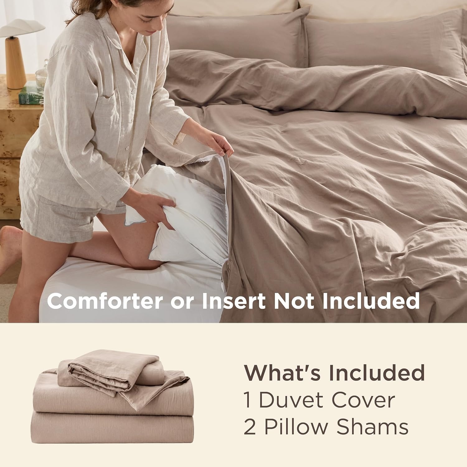 image:imageBedsure White Duvet Cover Queen Size 3 Pieces Prewashed CottonLike Polyester Extra Soft Bedding Set Includes 1 Duvet Cover 90x90 Inches with Zipper Closure amp 2 Pillow Shams Comforter Not Included02 Khaki No Comforter