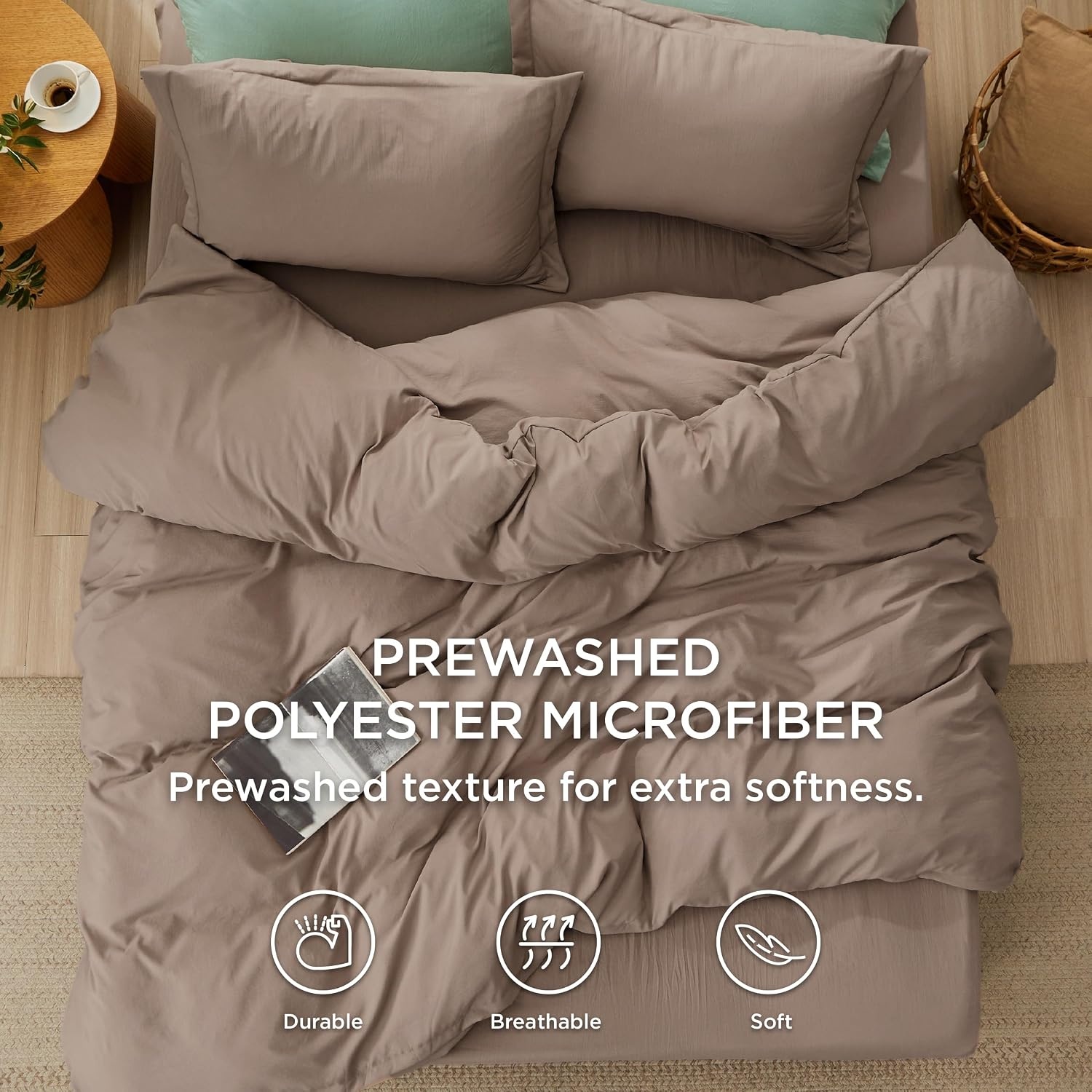 image:imageBedsure White Duvet Cover Queen Size 3 Pieces Prewashed CottonLike Polyester Extra Soft Bedding Set Includes 1 Duvet Cover 90x90 Inches with Zipper Closure amp 2 Pillow Shams Comforter Not Included02 Khaki No Comforter