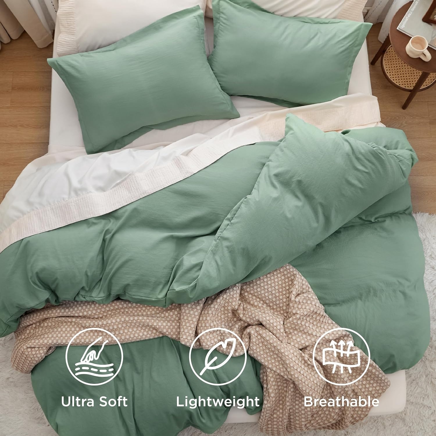 image:imageBedsure White Duvet Cover Queen Size 3 Pieces Prewashed CottonLike Polyester Extra Soft Bedding Set Includes 1 Duvet Cover 90x90 Inches with Zipper Closure amp 2 Pillow Shams Comforter Not Included03 Sage Green No Comforter