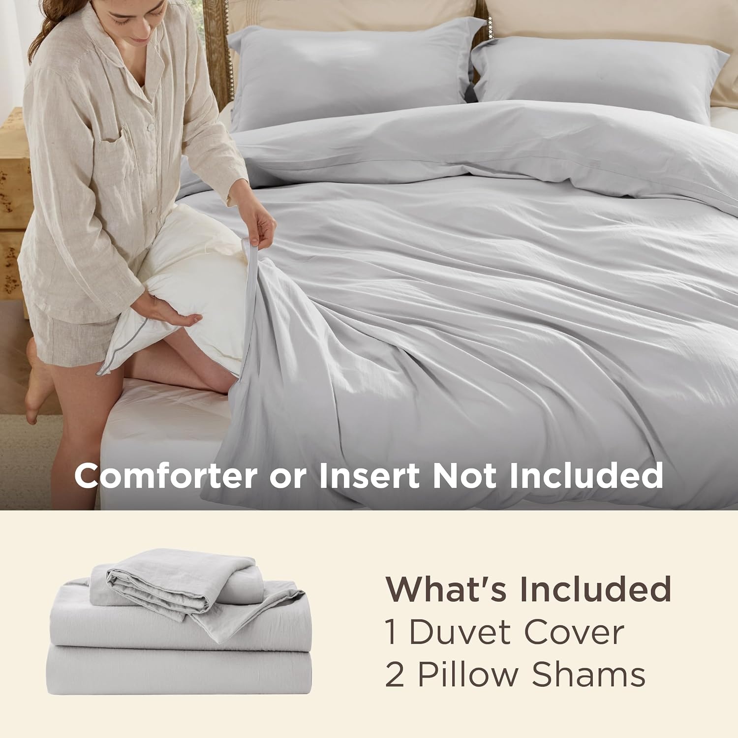 image:imageBedsure White Duvet Cover Queen Size 3 Pieces Prewashed CottonLike Polyester Extra Soft Bedding Set Includes 1 Duvet Cover 90x90 Inches with Zipper Closure amp 2 Pillow Shams Comforter Not Included04 Light Grey No Comforter