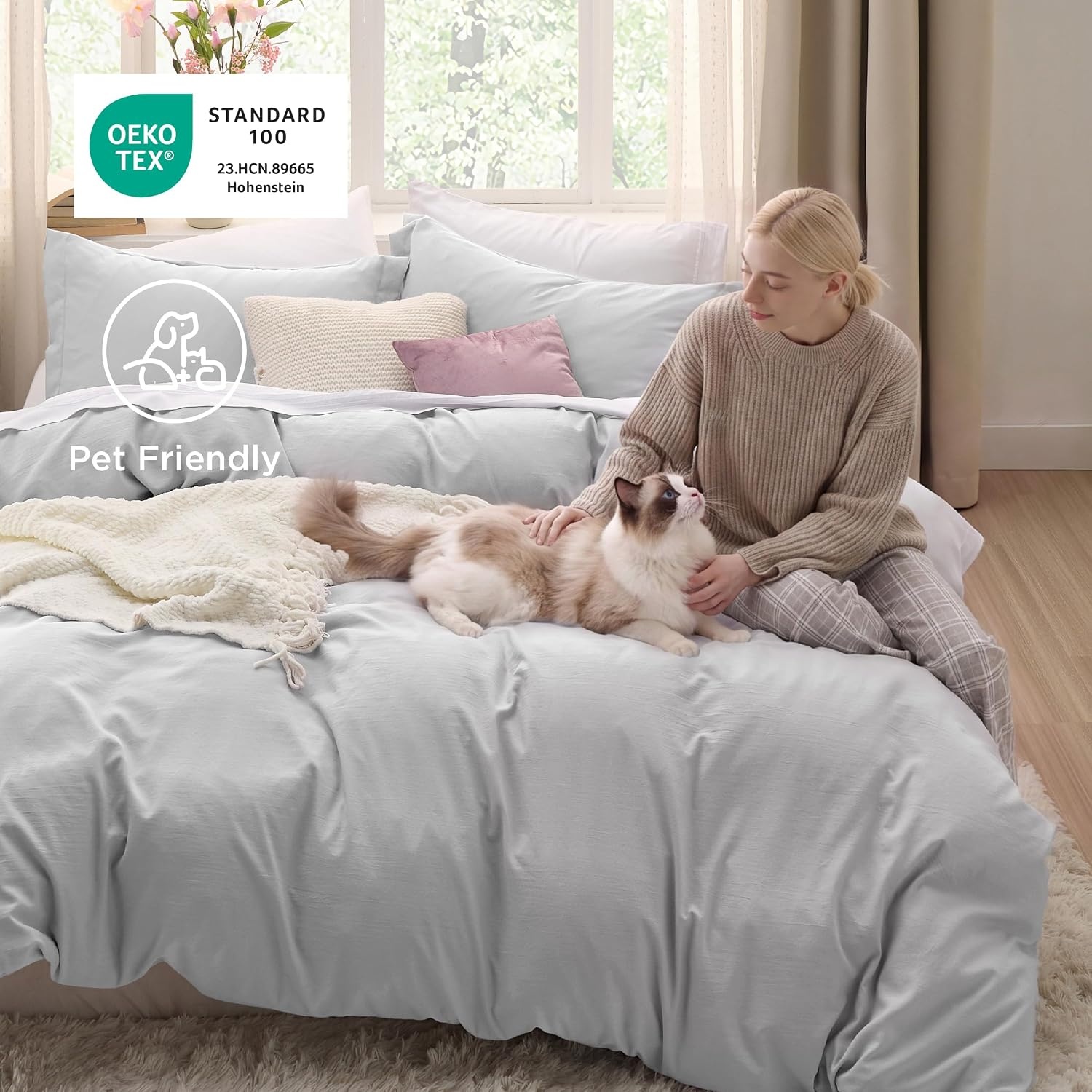 image:imageBedsure White Duvet Cover Queen Size 3 Pieces Prewashed CottonLike Polyester Extra Soft Bedding Set Includes 1 Duvet Cover 90x90 Inches with Zipper Closure amp 2 Pillow Shams Comforter Not Included04 Light Grey No Comforter