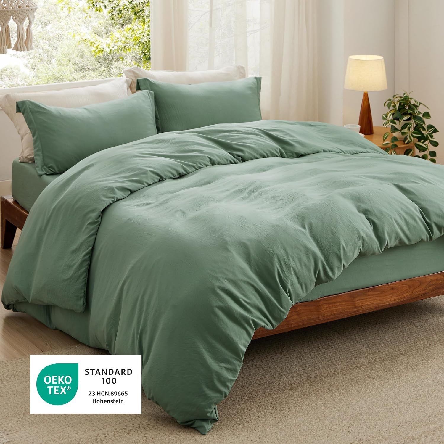 image:imageBedsure White Duvet Cover Queen Size 3 Pieces Prewashed CottonLike Polyester Extra Soft Bedding Set Includes 1 Duvet Cover 90x90 Inches with Zipper Closure amp 2 Pillow Shams Comforter Not Included03 Sage Green No Comforter
