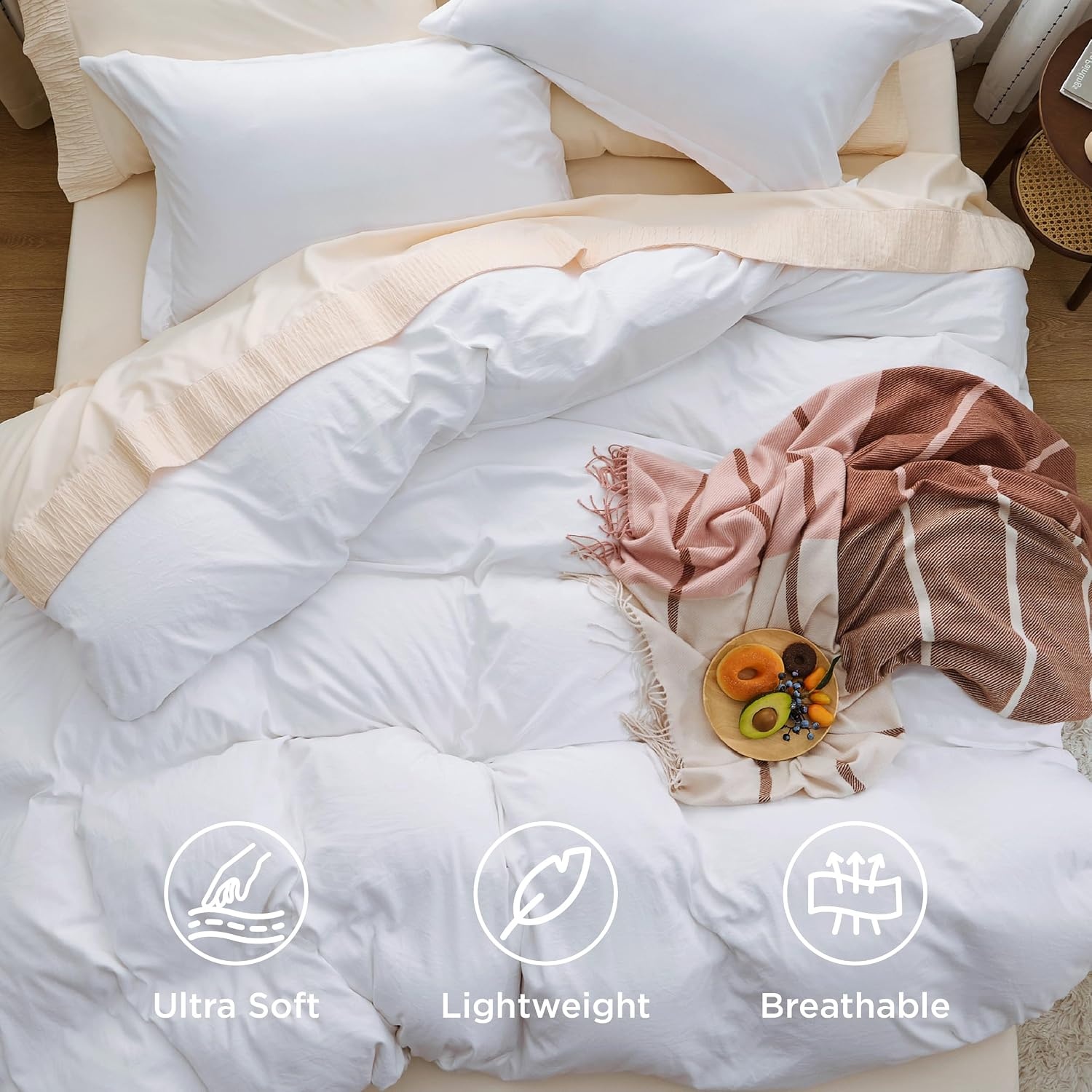image:imageBedsure White Duvet Cover Queen Size 3 Pieces Prewashed CottonLike Polyester Extra Soft Bedding Set Includes 1 Duvet Cover 90x90 Inches with Zipper Closure amp 2 Pillow Shams Comforter Not Included02 Bright White No Comforter