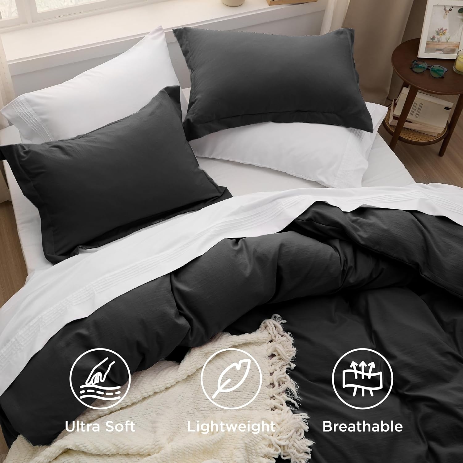image:imageBedsure White Duvet Cover Queen Size 3 Pieces Prewashed CottonLike Polyester Extra Soft Bedding Set Includes 1 Duvet Cover 90x90 Inches with Zipper Closure amp 2 Pillow Shams Comforter Not Included01 Black No Comforter