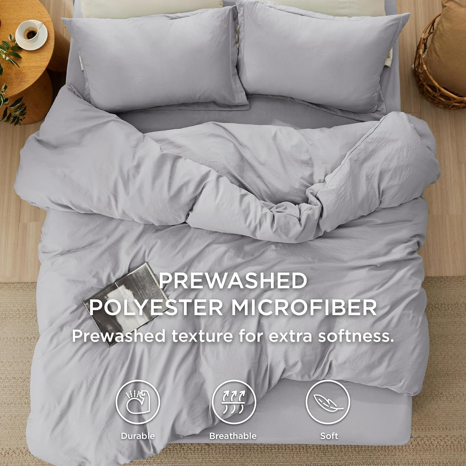 image:imageBedsure White Duvet Cover Queen Size 3 Pieces Prewashed CottonLike Polyester Extra Soft Bedding Set Includes 1 Duvet Cover 90x90 Inches with Zipper Closure amp 2 Pillow Shams Comforter Not Included04 Light Grey No Comforter