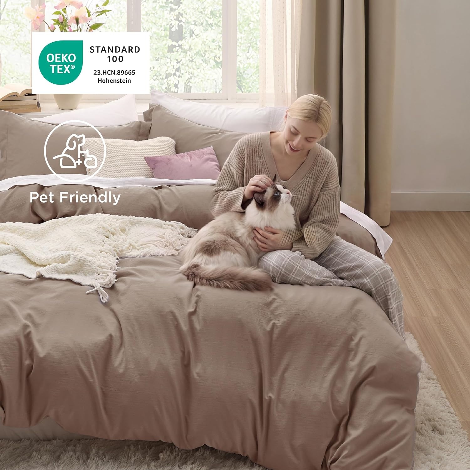 image:imageBedsure White Duvet Cover Queen Size 3 Pieces Prewashed CottonLike Polyester Extra Soft Bedding Set Includes 1 Duvet Cover 90x90 Inches with Zipper Closure amp 2 Pillow Shams Comforter Not Included02 Khaki No Comforter
