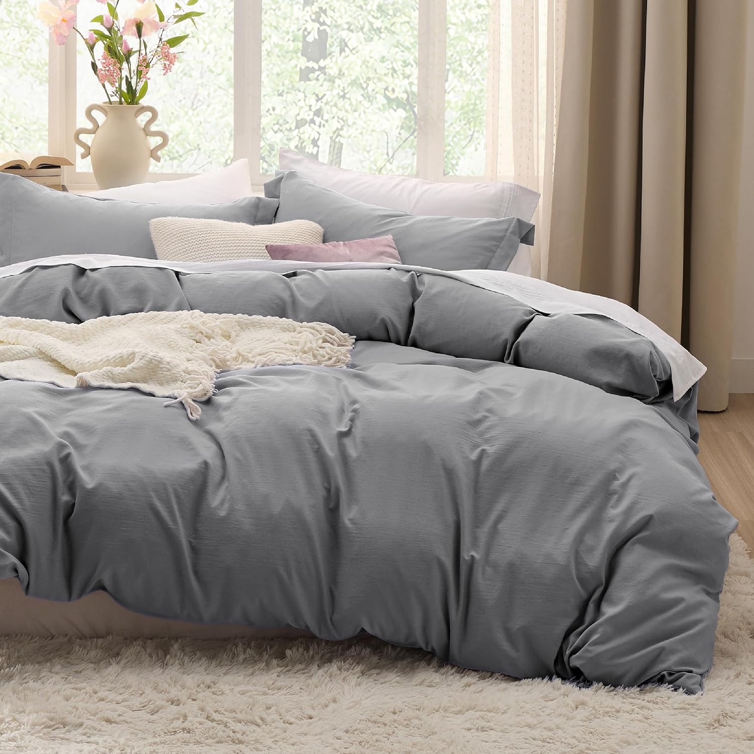 image:imageBedsure White Duvet Cover Queen Size 3 Pieces Prewashed CottonLike Polyester Extra Soft Bedding Set Includes 1 Duvet Cover 90x90 Inches with Zipper Closure amp 2 Pillow Shams Comforter Not Included04 Grey No Comforter