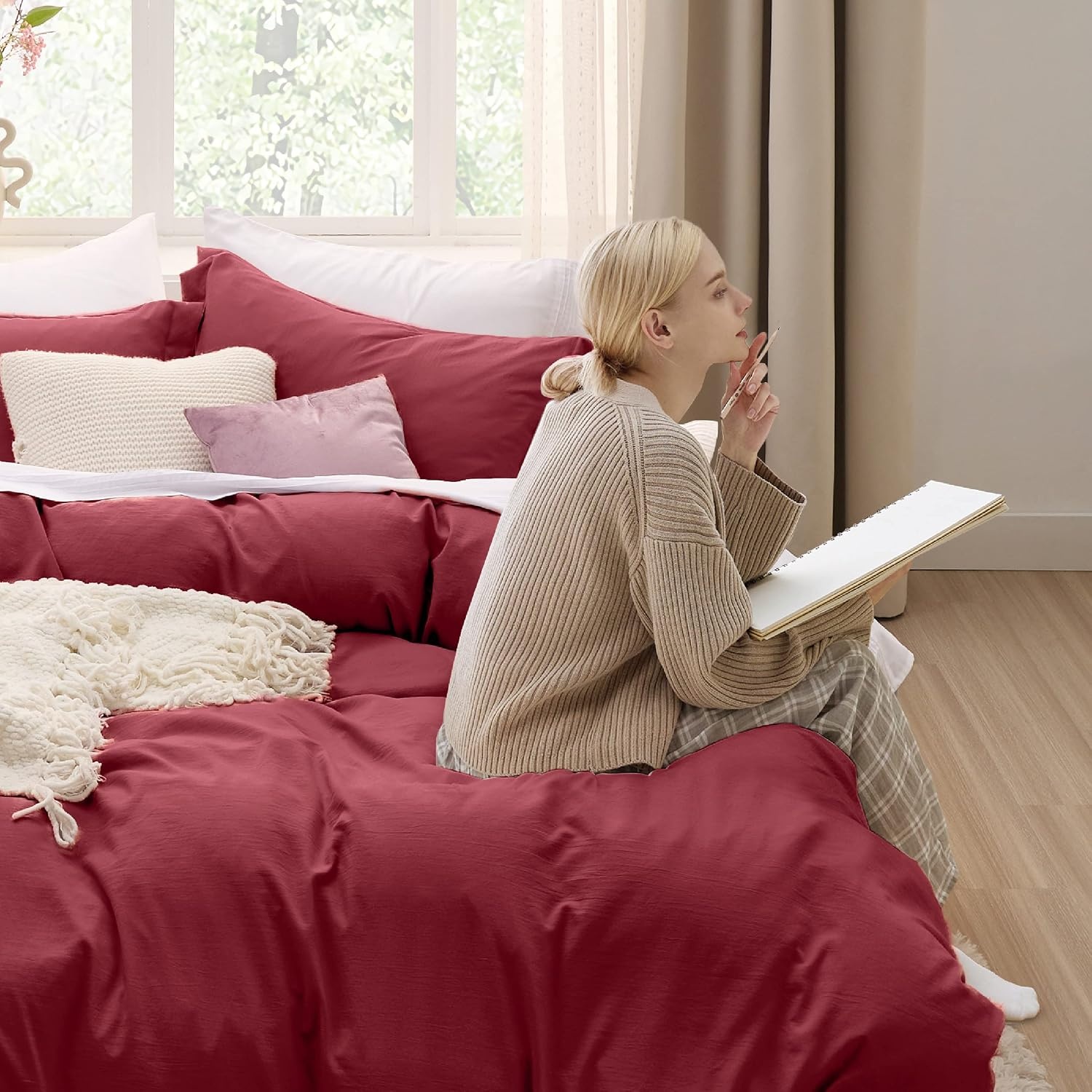 image:imageBedsure White Duvet Cover Queen Size 3 Pieces Prewashed CottonLike Polyester Extra Soft Bedding Set Includes 1 Duvet Cover 90x90 Inches with Zipper Closure amp 2 Pillow Shams Comforter Not Included22 Red No Comforter