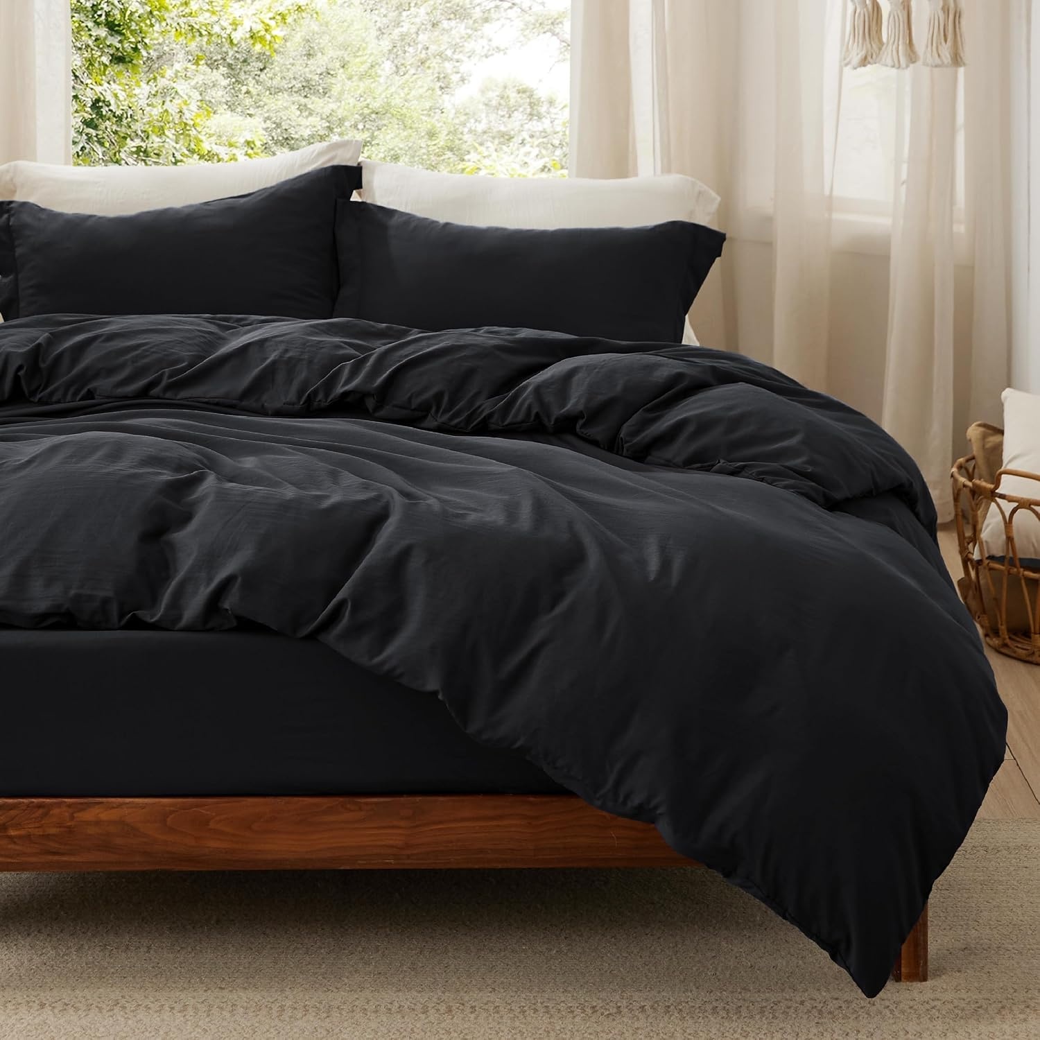 image:imageBedsure White Duvet Cover Queen Size 3 Pieces Prewashed CottonLike Polyester Extra Soft Bedding Set Includes 1 Duvet Cover 90x90 Inches with Zipper Closure amp 2 Pillow Shams Comforter Not Included01 Black No Comforter