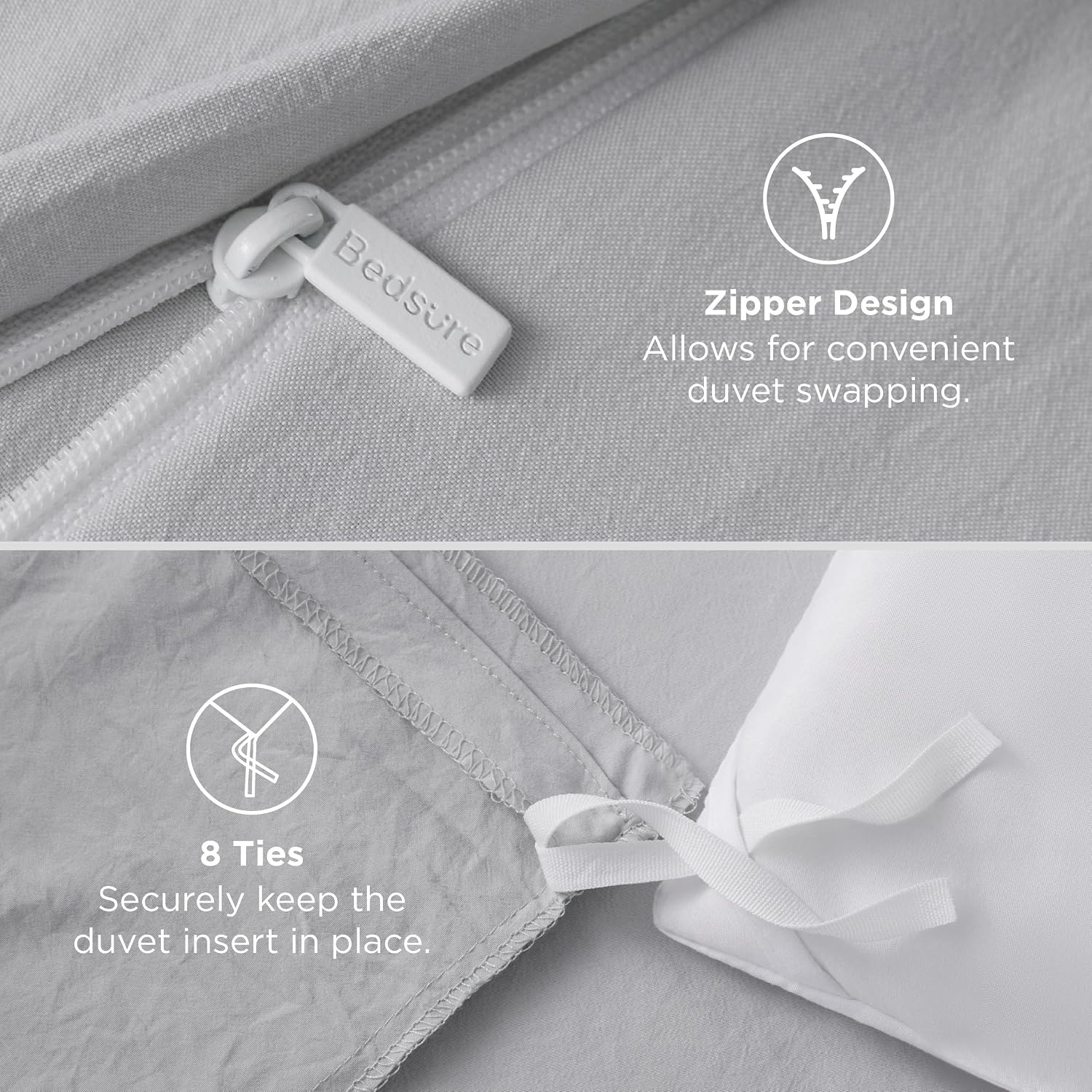 image:imageBedsure White Duvet Cover Queen Size 3 Pieces Prewashed CottonLike Polyester Extra Soft Bedding Set Includes 1 Duvet Cover 90x90 Inches with Zipper Closure amp 2 Pillow Shams Comforter Not Included04 Light Grey No Comforter