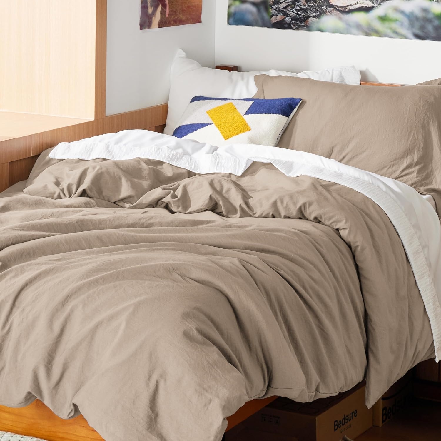 image:imageBedsure White Duvet Cover Queen Size 3 Pieces Prewashed CottonLike Polyester Extra Soft Bedding Set Includes 1 Duvet Cover 90x90 Inches with Zipper Closure amp 2 Pillow Shams Comforter Not Included02 Light Brown No Comforter