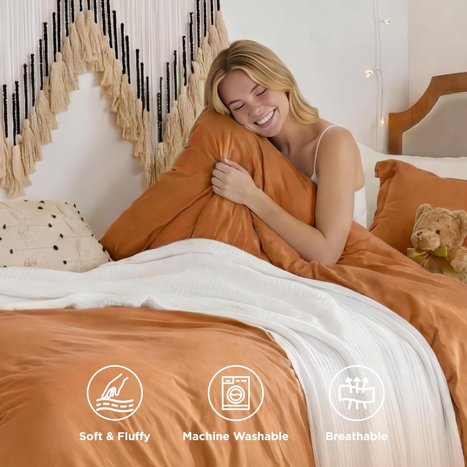 image:imageBedsure White Duvet Cover Queen Size 3 Pieces Prewashed CottonLike Polyester Extra Soft Bedding Set Includes 1 Duvet Cover 90x90 Inches with Zipper Closure amp 2 Pillow Shams Comforter Not Included08 Gold No Comforter